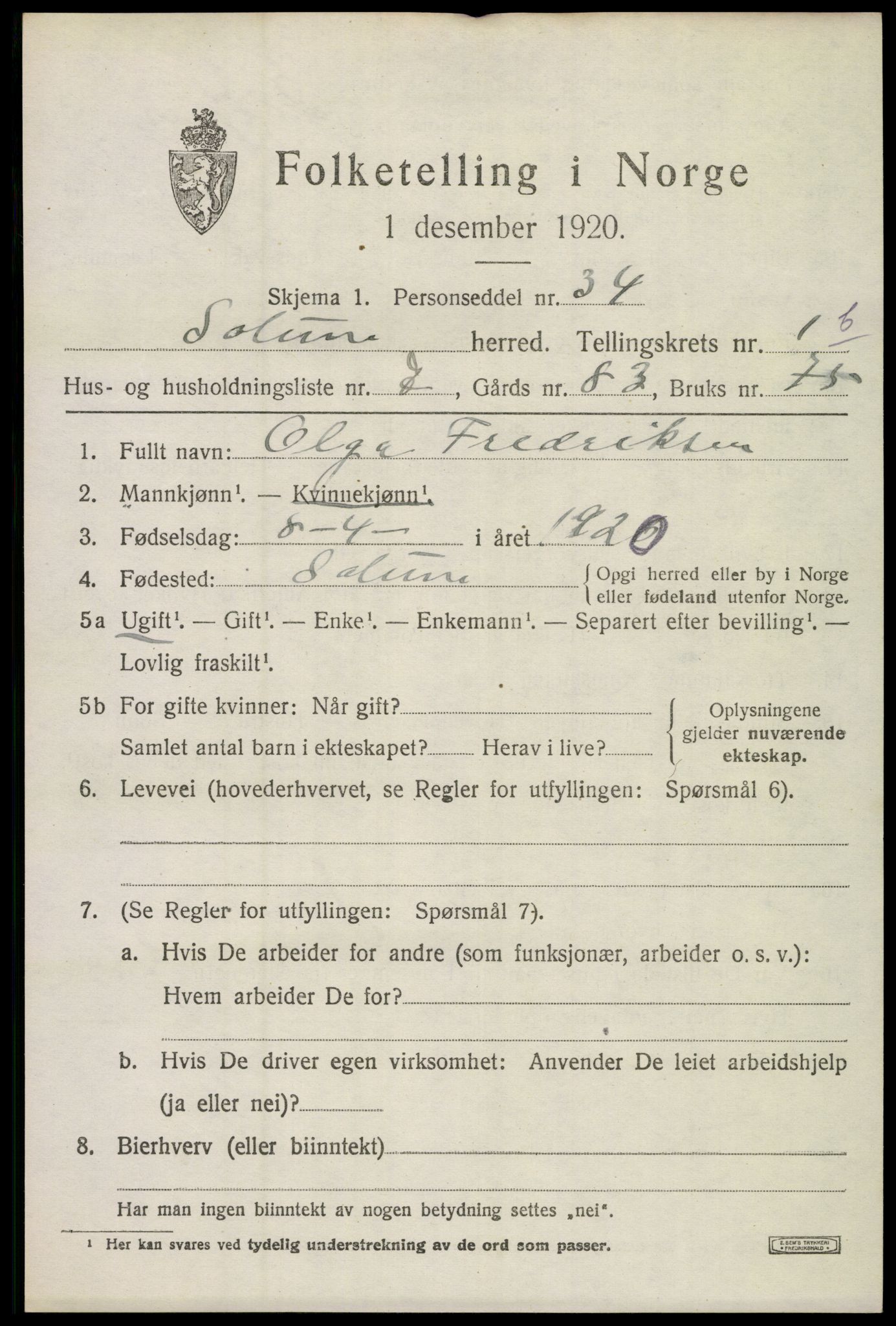 SAKO, 1920 census for Solum, 1920, p. 4196
