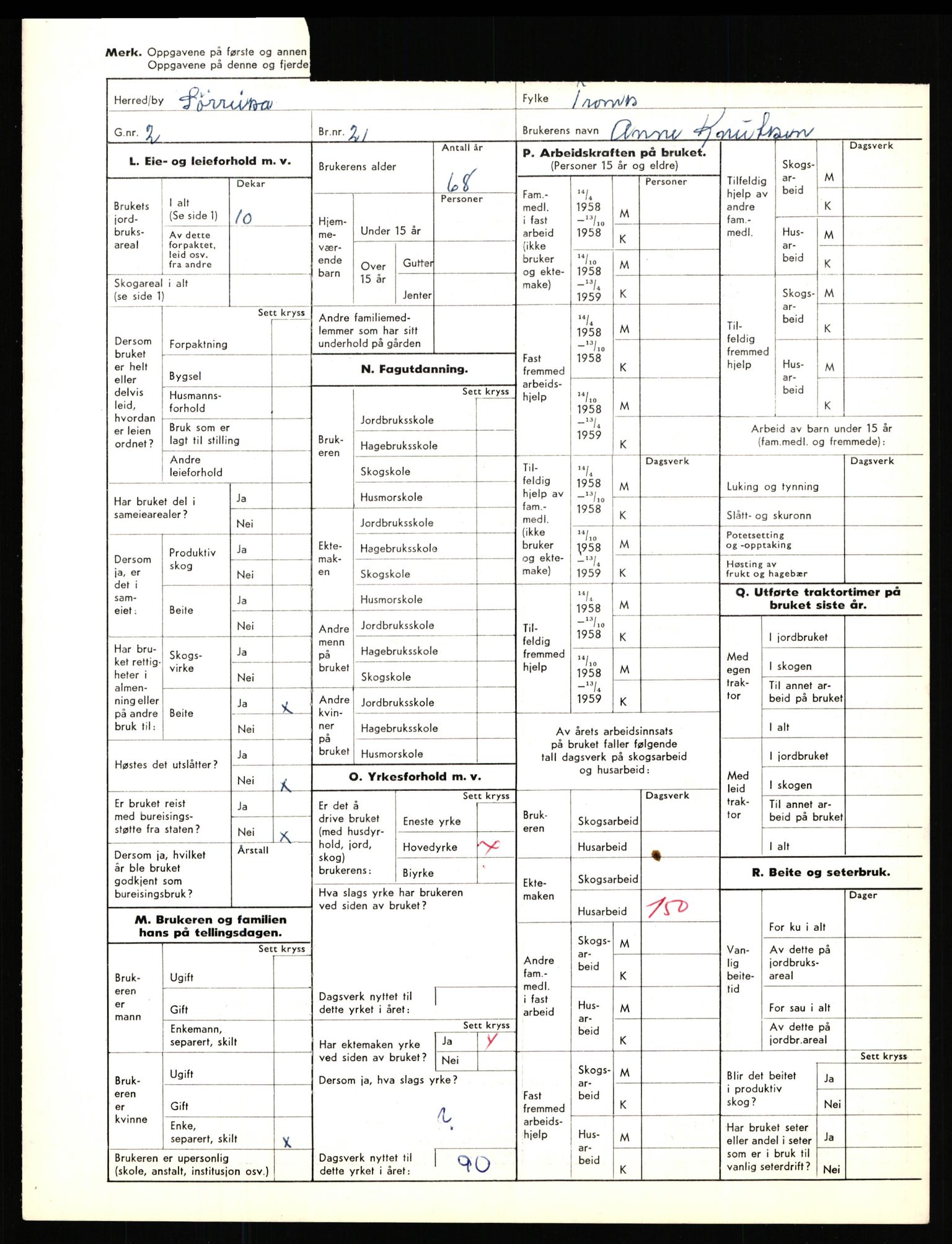 Statistisk sentralbyrå, Næringsøkonomiske emner, Jordbruk, skogbruk, jakt, fiske og fangst, AV/RA-S-2234/G/Gd/L0656: Troms: 1924 Målselv (kl. 0-3) og 1925 Sørreisa, 1959, p. 1365