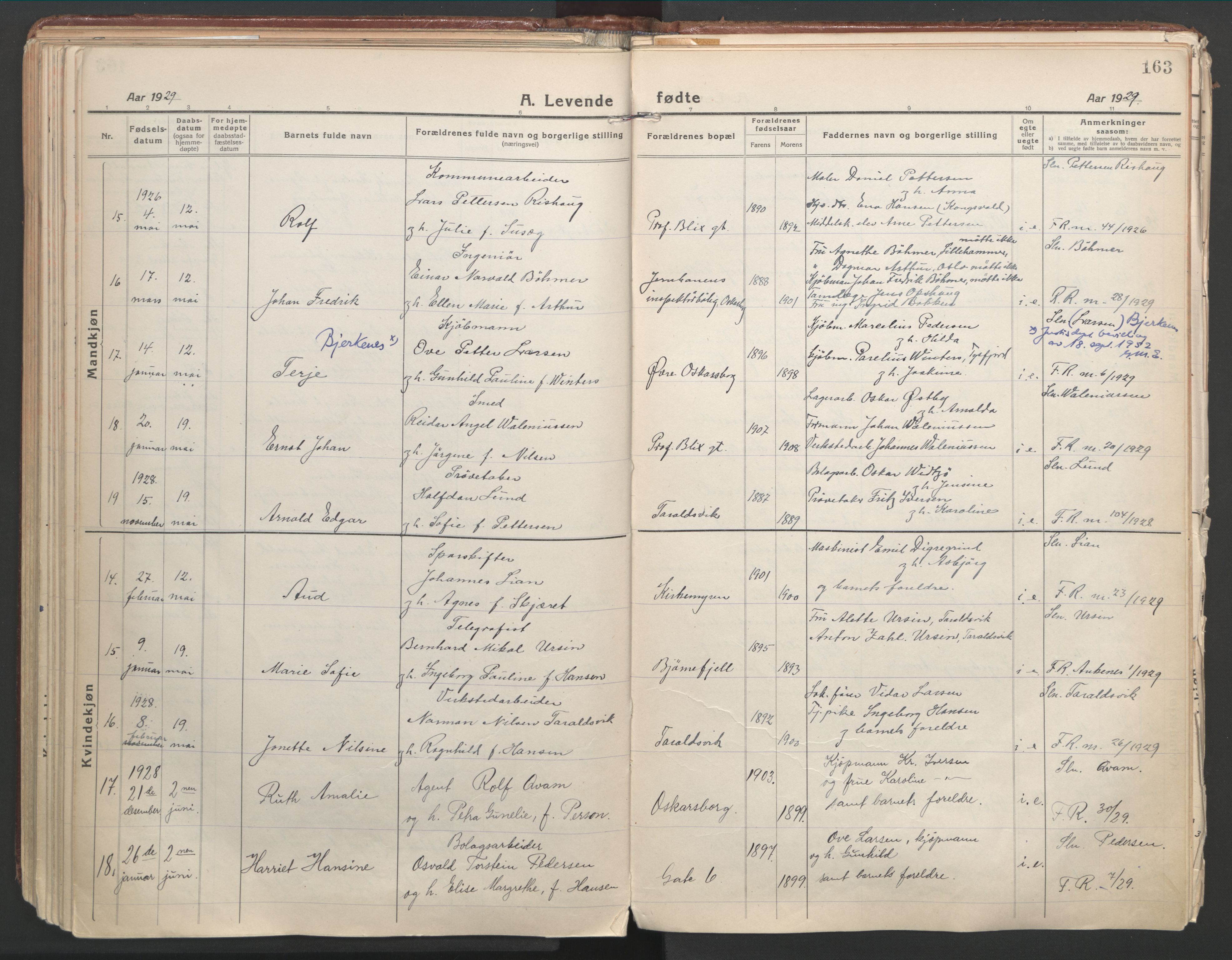 Ministerialprotokoller, klokkerbøker og fødselsregistre - Nordland, AV/SAT-A-1459/871/L1003: Parish register (official) no. 871A19, 1921-1930, p. 163