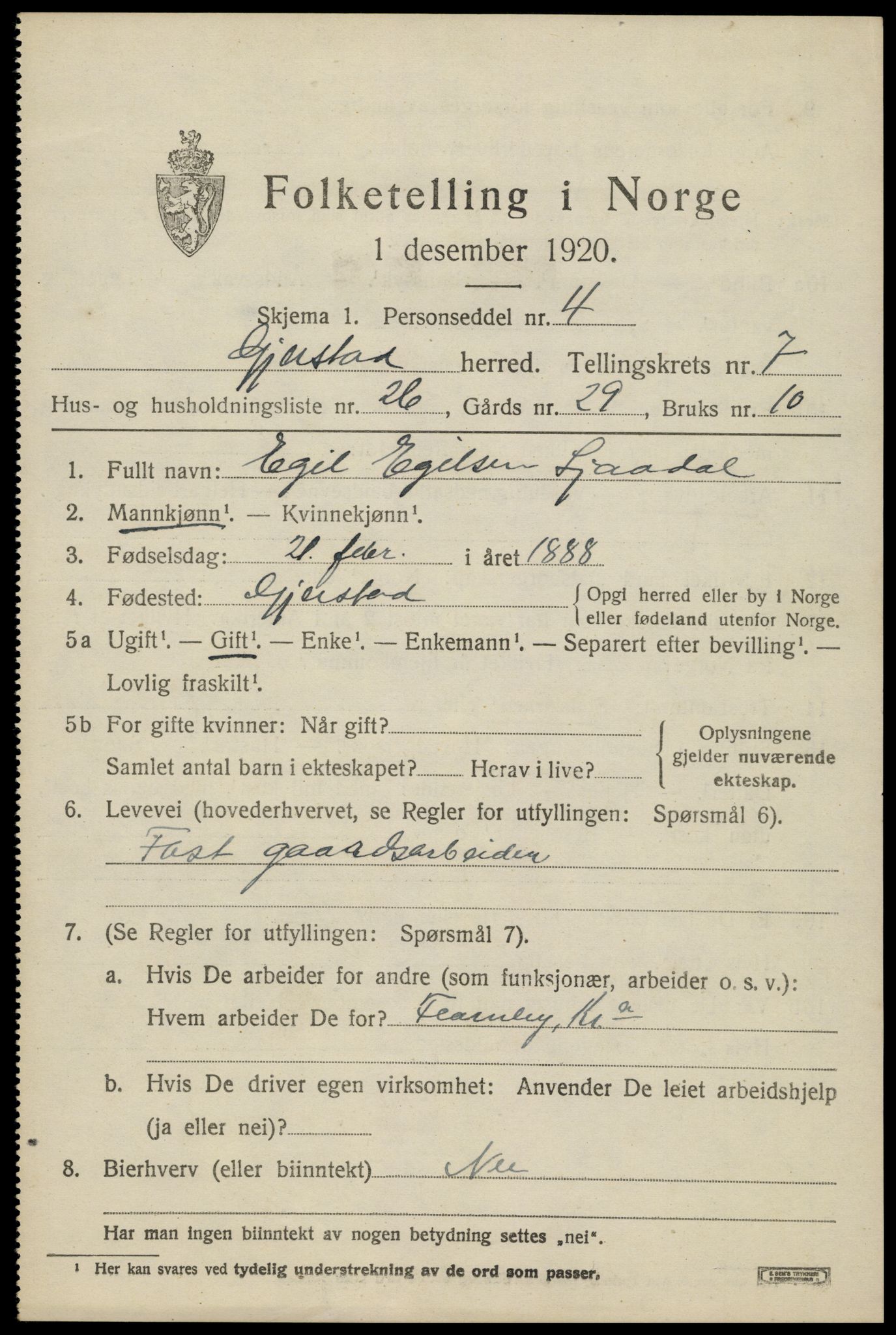 SAK, 1920 census for Gjerstad, 1920, p. 4859