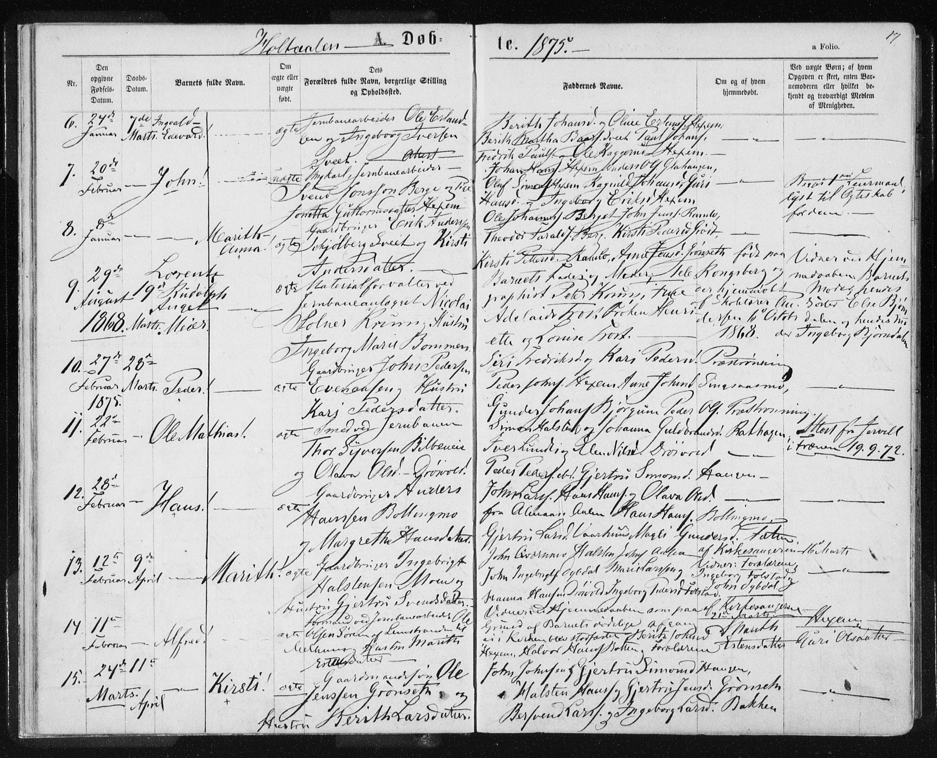 Ministerialprotokoller, klokkerbøker og fødselsregistre - Sør-Trøndelag, SAT/A-1456/685/L0969: Parish register (official) no. 685A08 /1, 1870-1878, p. 17