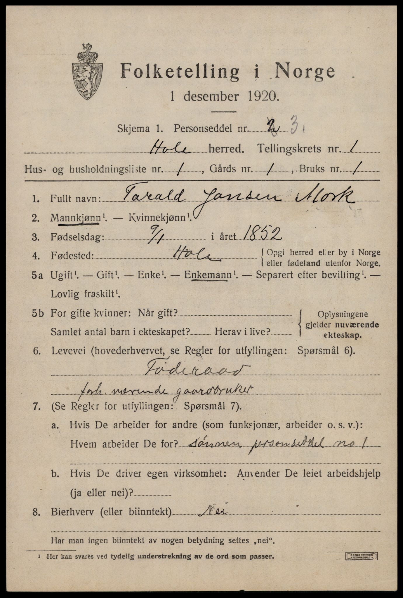 SAST, 1920 census for Høle, 1920, p. 527