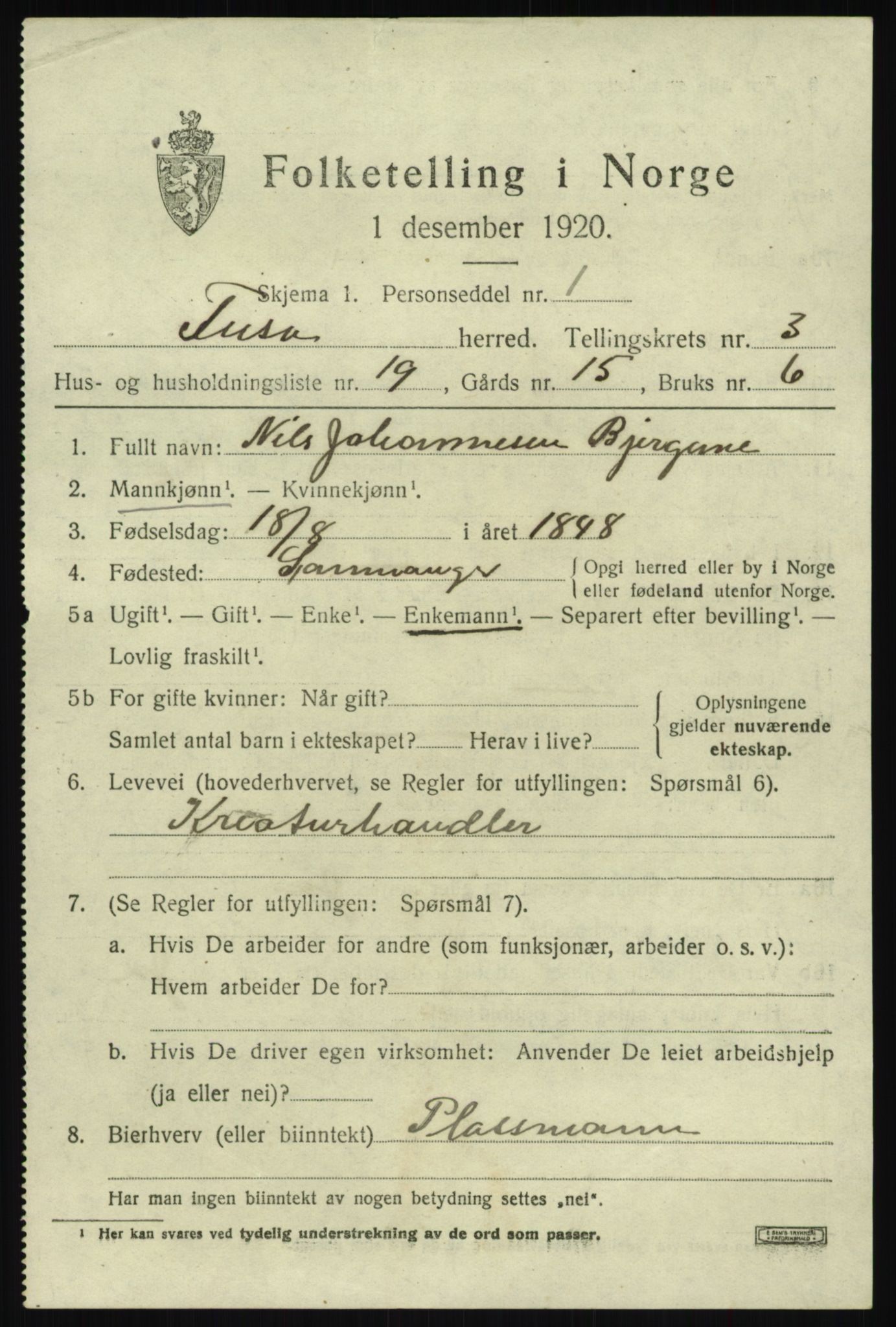 SAB, 1920 census for Fusa, 1920, p. 1543