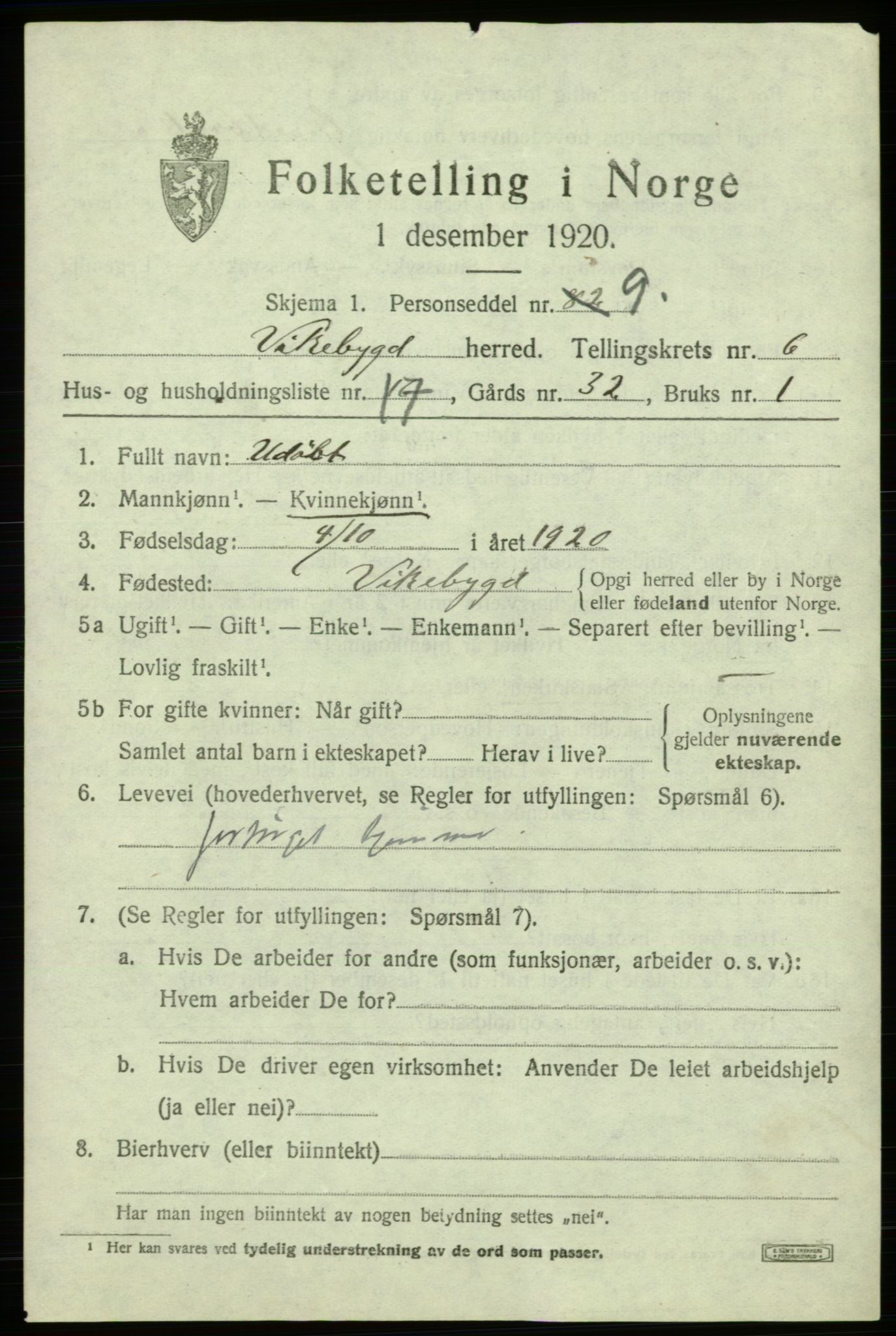 SAB, 1920 census for Vikebygd, 1920, p. 2343