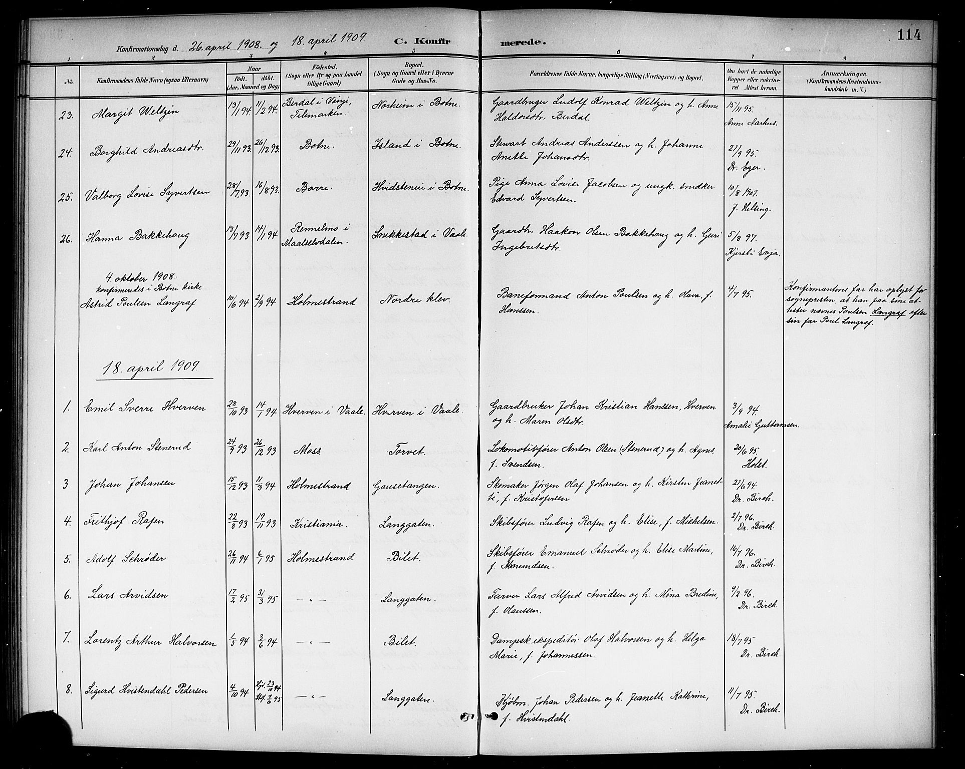 Holmestrand kirkebøker, AV/SAKO-A-346/G/Ga/L0006: Parish register (copy) no. 6, 1901-1923, p. 114