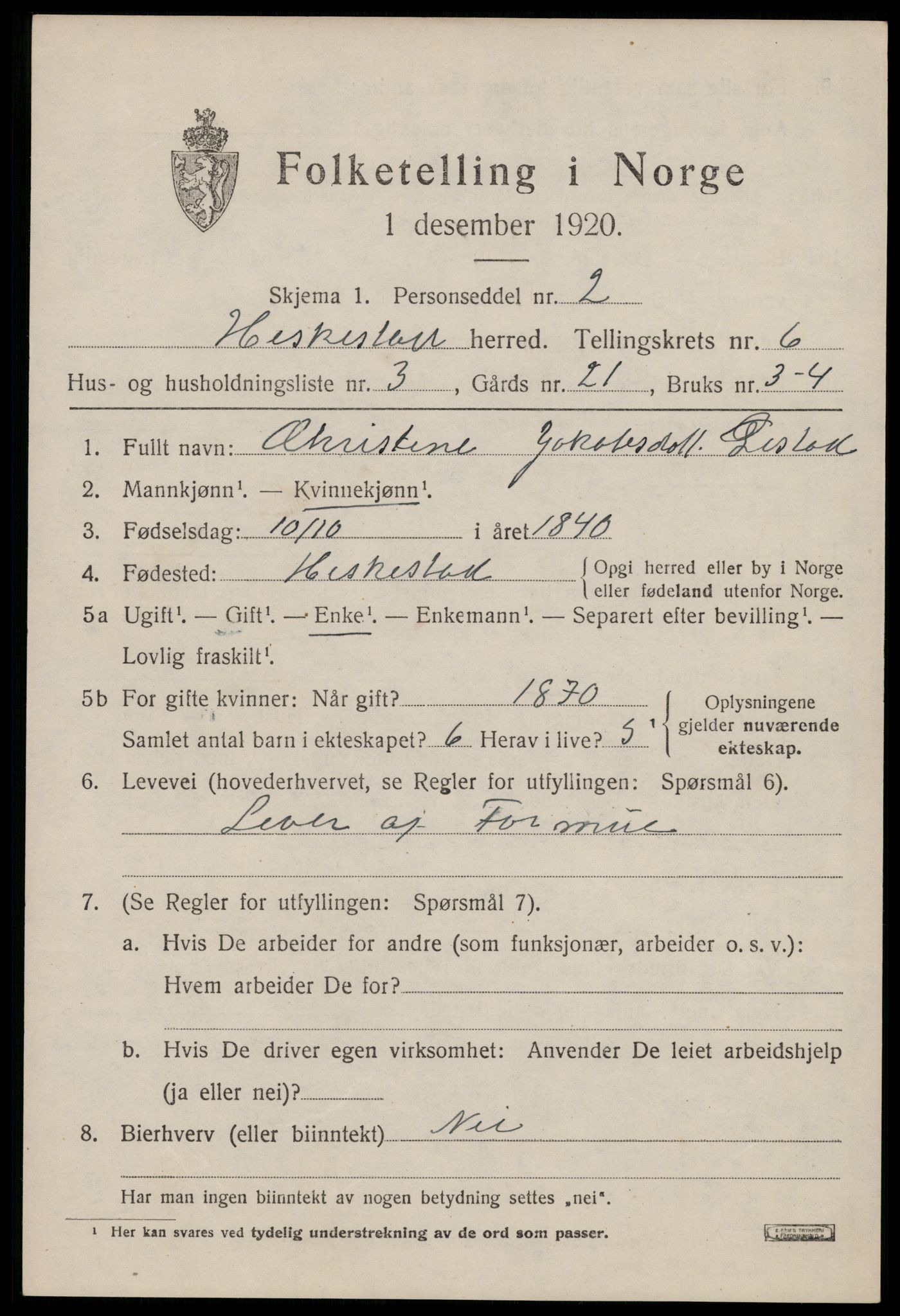 SAST, 1920 census for Heskestad, 1920, p. 2023