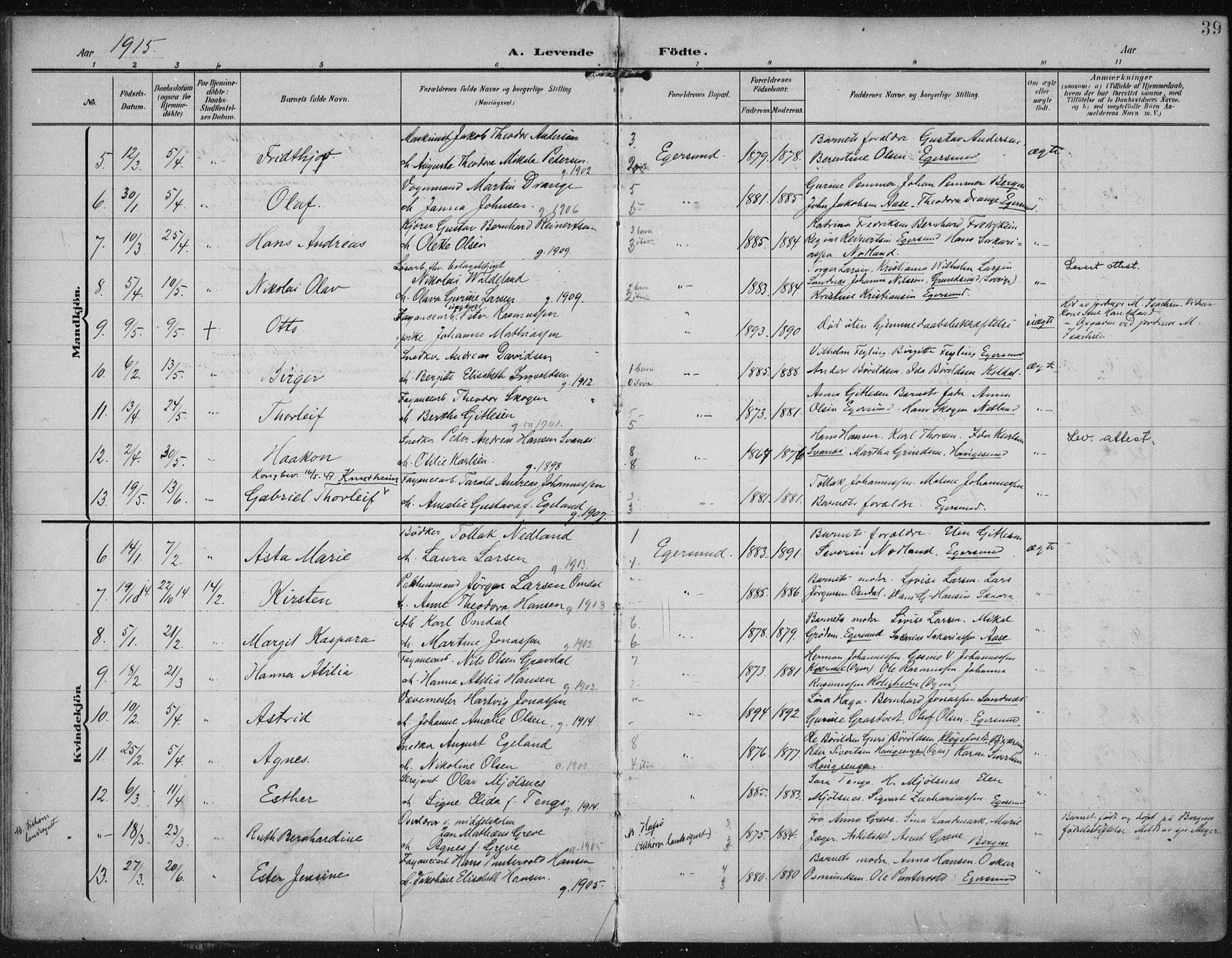 Eigersund sokneprestkontor, AV/SAST-A-101807/S08/L0022: Parish register (official) no. A 21, 1905-1928, p. 39