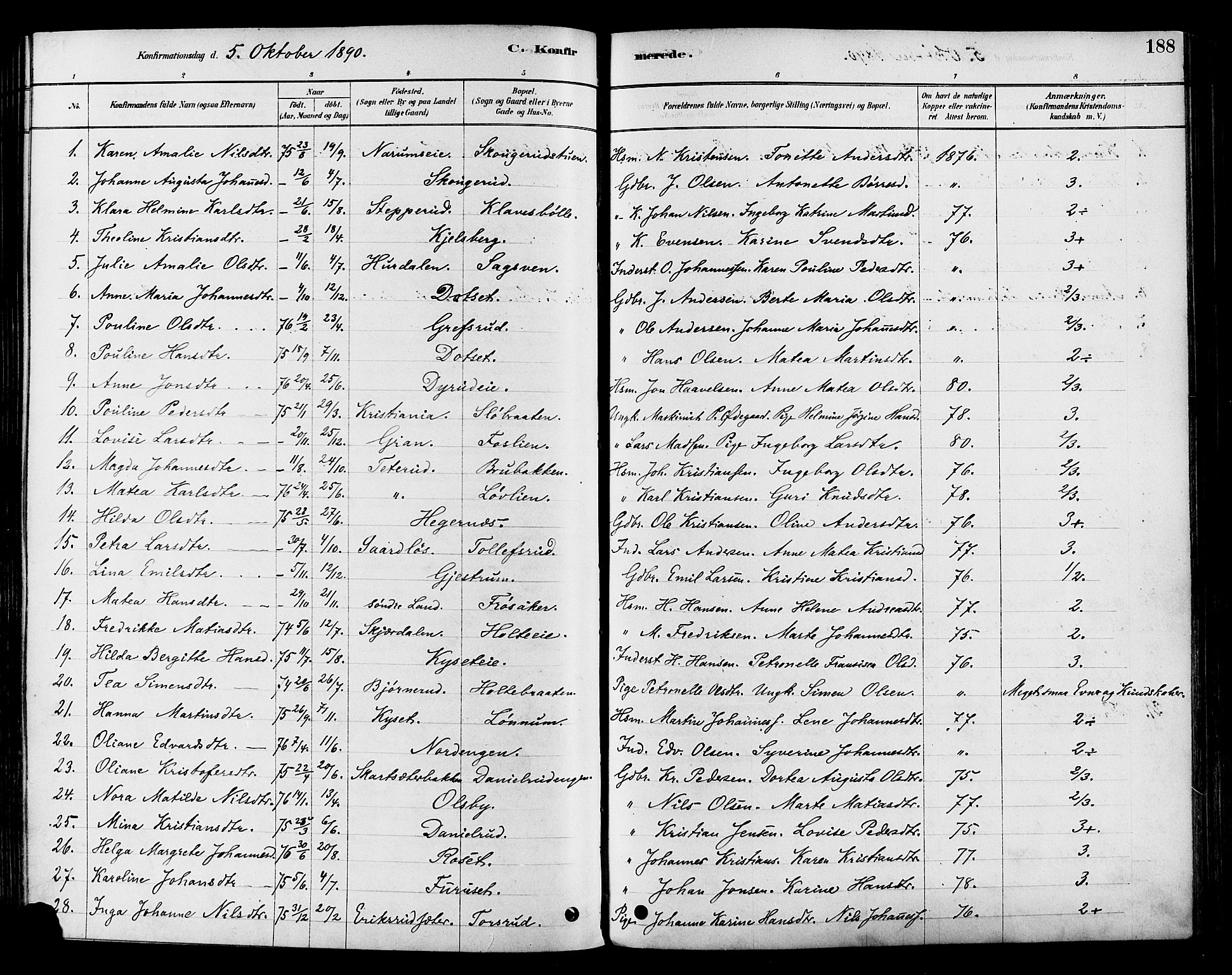 Vestre Toten prestekontor, AV/SAH-PREST-108/H/Ha/Haa/L0009: Parish register (official) no. 9, 1878-1894, p. 188