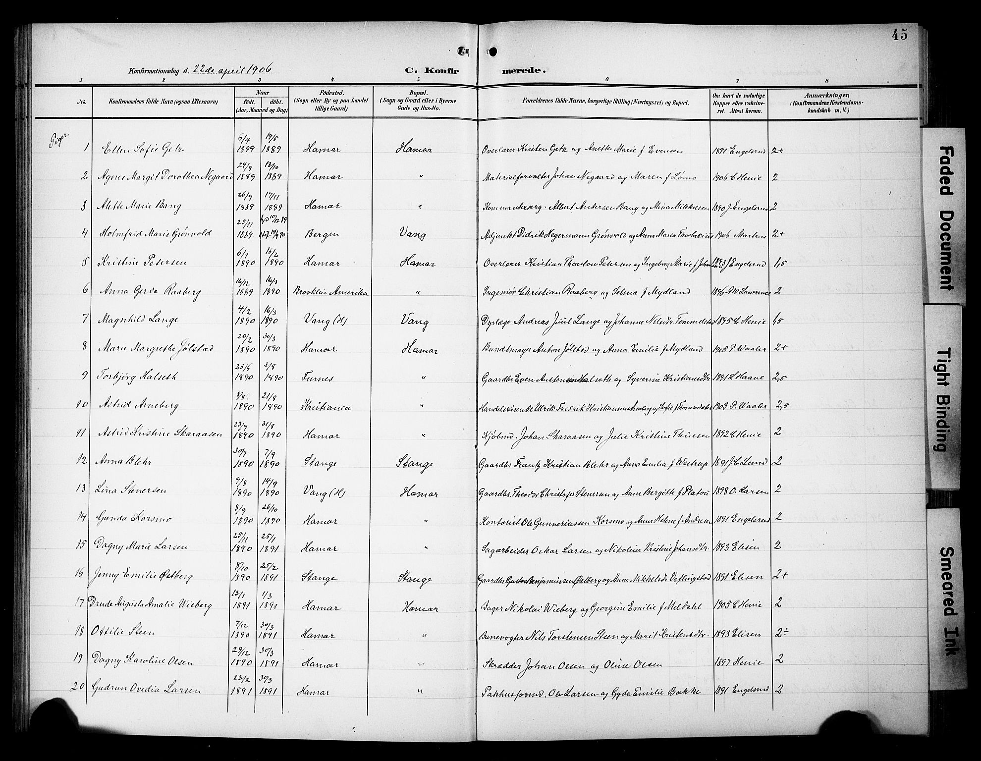 Hamar prestekontor, SAH/DOMPH-002/H/Ha/Hab/L0002: Parish register (copy) no. 2, 1899-1929, p. 45