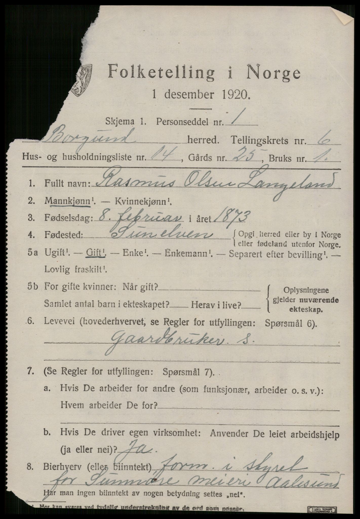 SAT, 1920 census for Borgund, 1920, p. 5288