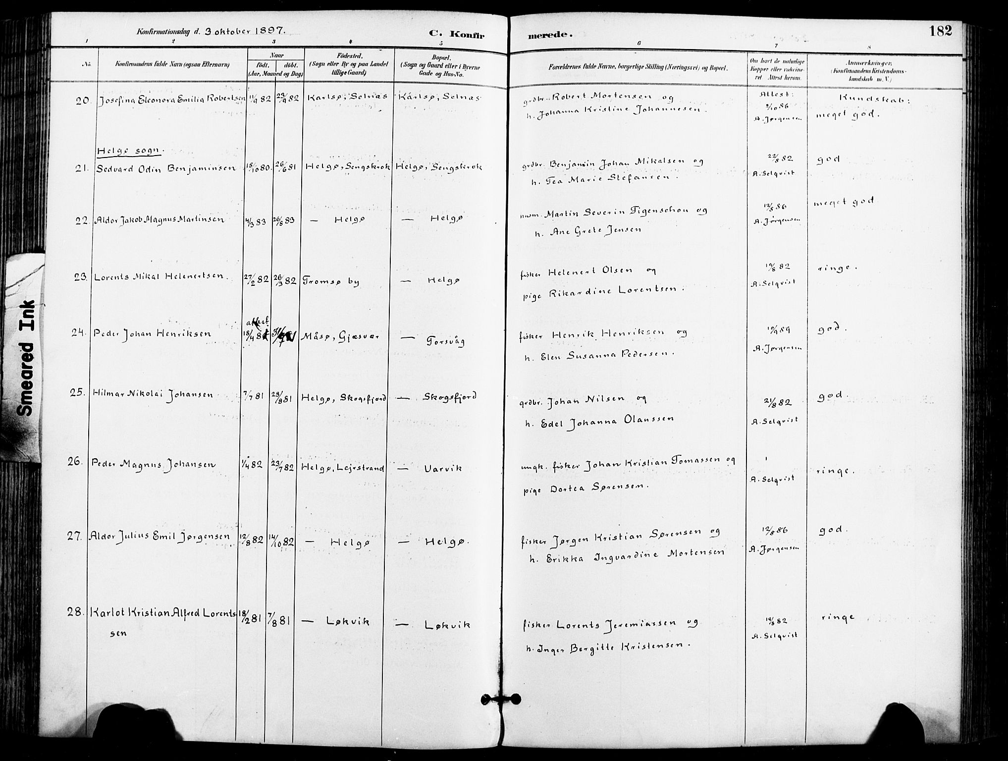 Karlsøy sokneprestembete, AV/SATØ-S-1299/H/Ha/Haa/L0007kirke: Parish register (official) no. 7, 1891-1902, p. 182