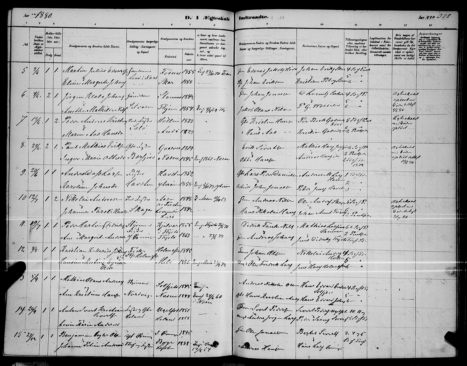 Ministerialprotokoller, klokkerbøker og fødselsregistre - Nordland, AV/SAT-A-1459/834/L0513: Parish register (copy) no. 834C04, 1877-1892, p. 378