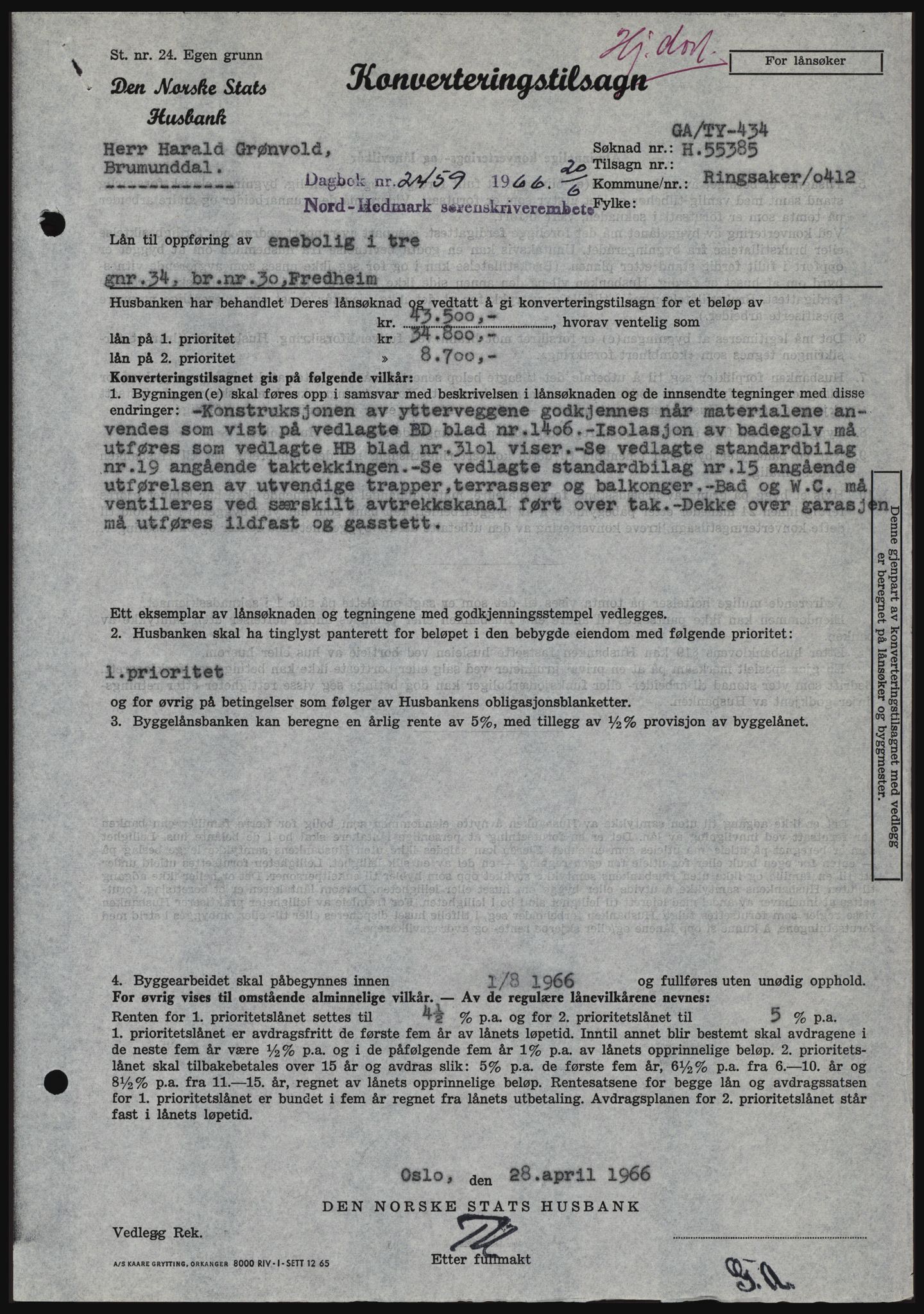 Nord-Hedmark sorenskriveri, SAH/TING-012/H/Hc/L0024: Mortgage book no. 24, 1966-1966, Diary no: : 2459/1966