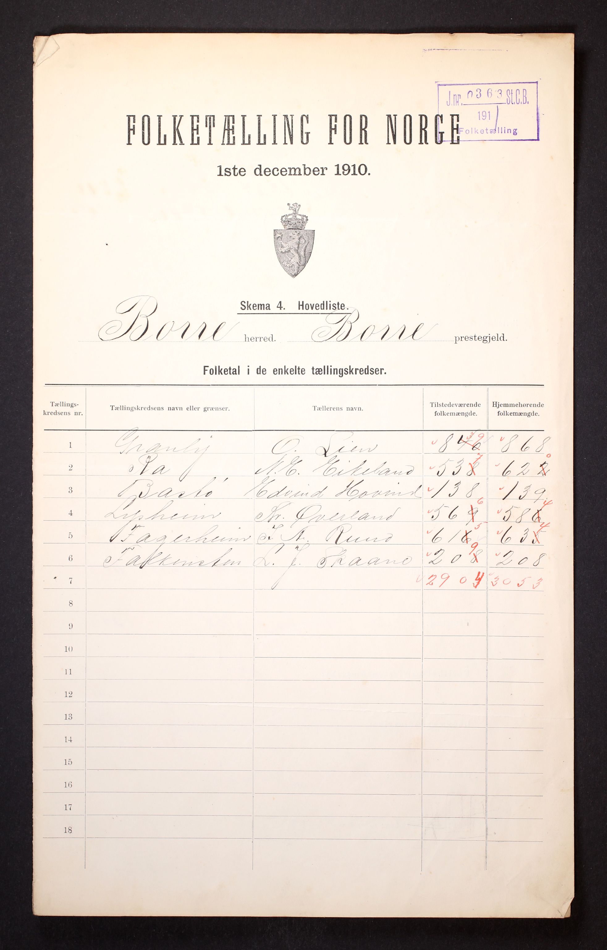 RA, 1910 census for Borre, 1910, p. 2