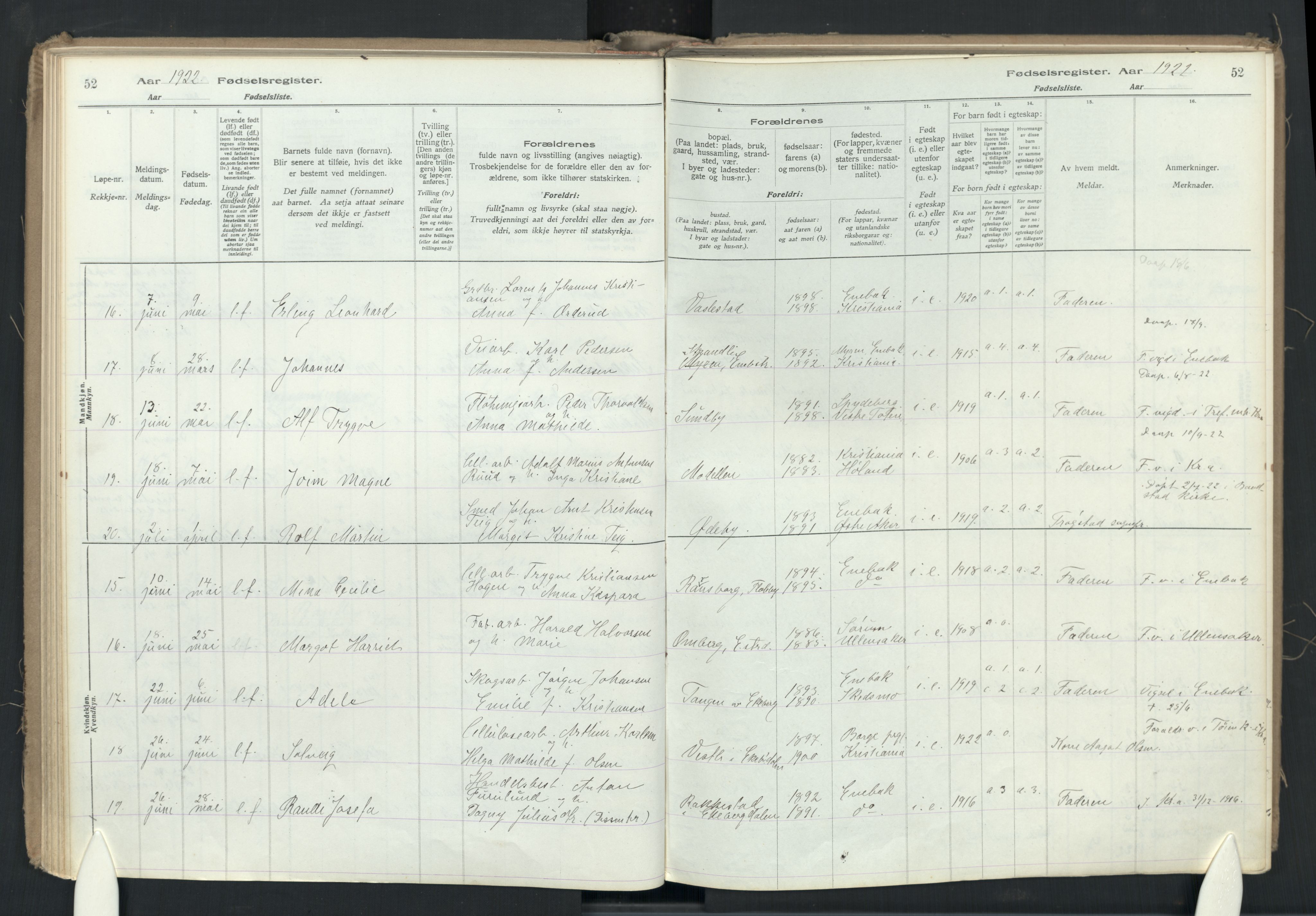 Enebakk prestekontor Kirkebøker, AV/SAO-A-10171c/J/Ja/L0001: Birth register no. I 1, 1916-1948, p. 52