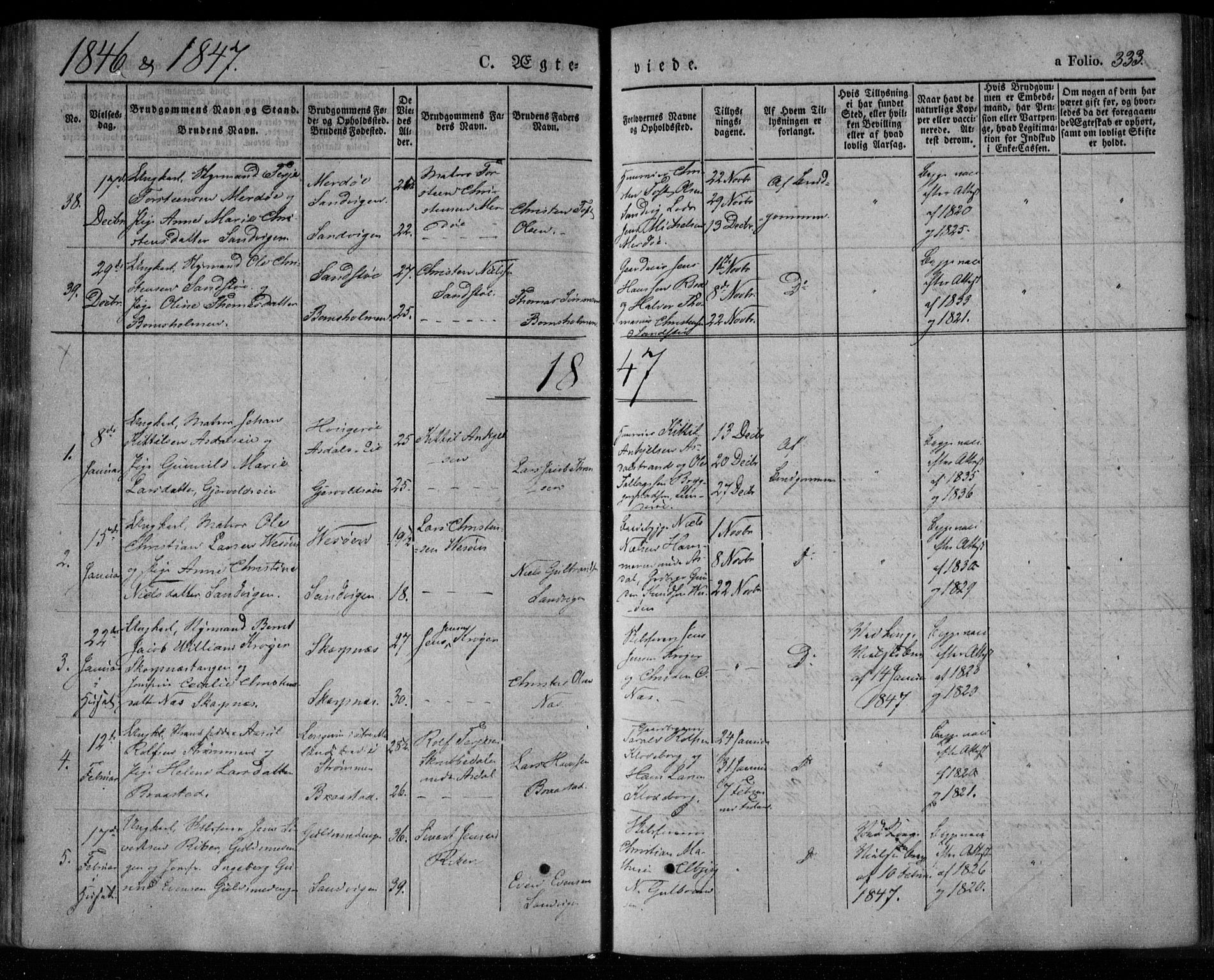 Øyestad sokneprestkontor, SAK/1111-0049/F/Fa/L0014: Parish register (official) no. A 14, 1843-1856, p. 333