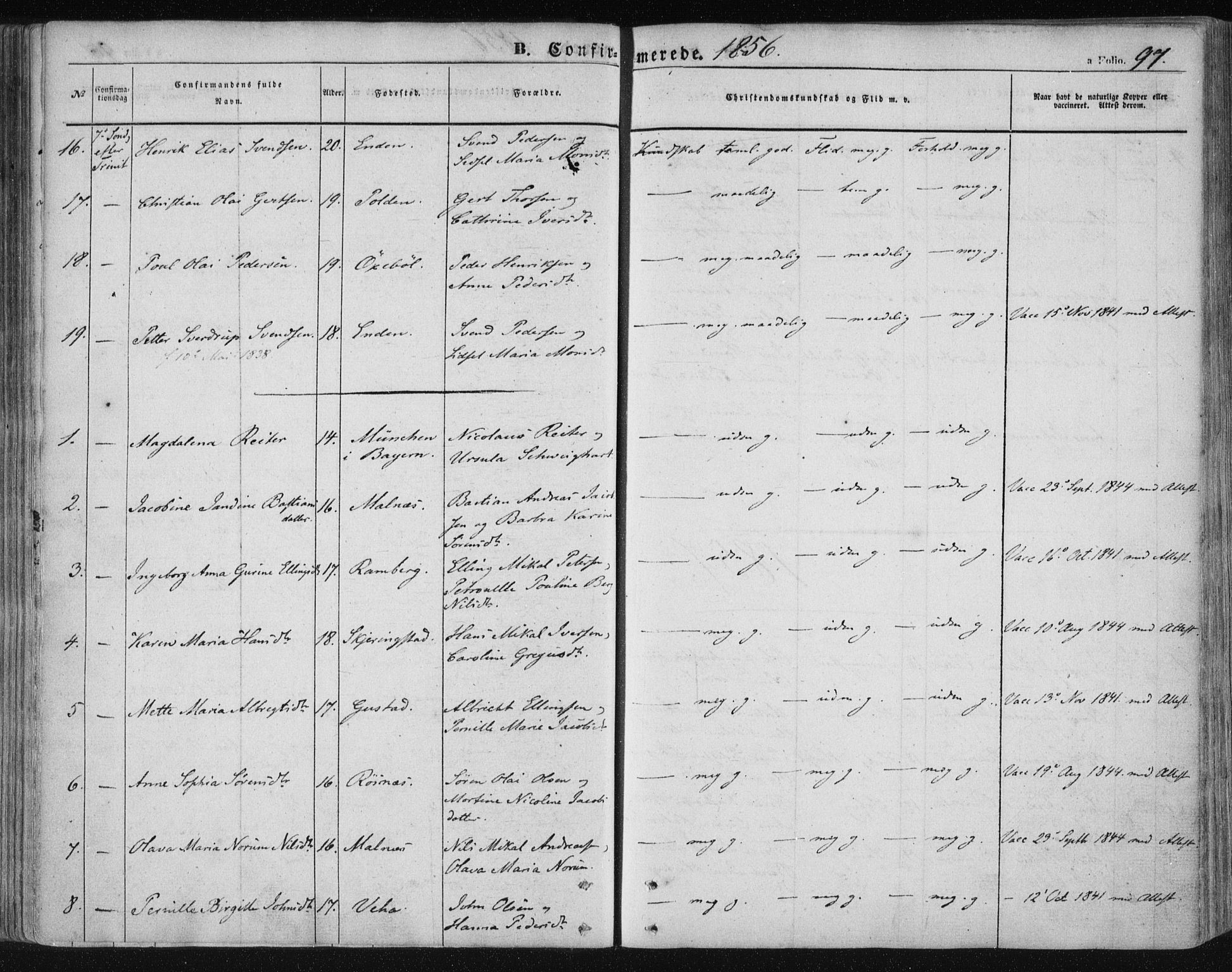 Ministerialprotokoller, klokkerbøker og fødselsregistre - Nordland, AV/SAT-A-1459/891/L1300: Parish register (official) no. 891A05, 1856-1870, p. 97