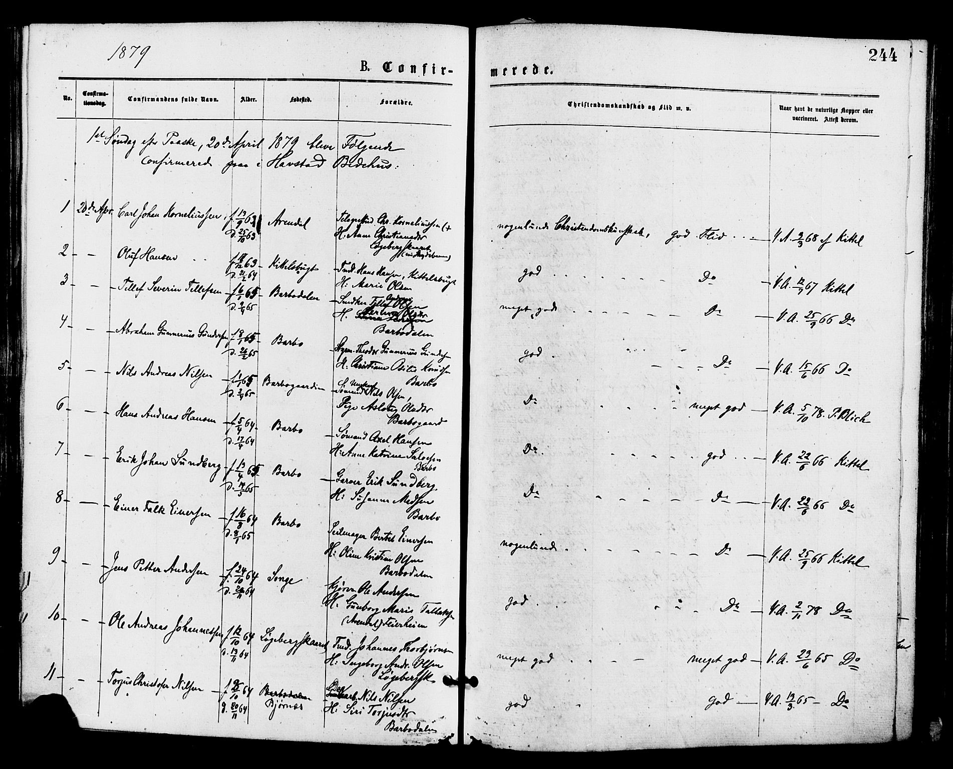 Barbu sokneprestkontor, AV/SAK-1111-0003/F/Fa/L0001: Parish register (official) no. A 1 /1, 1878-1883, p. 244