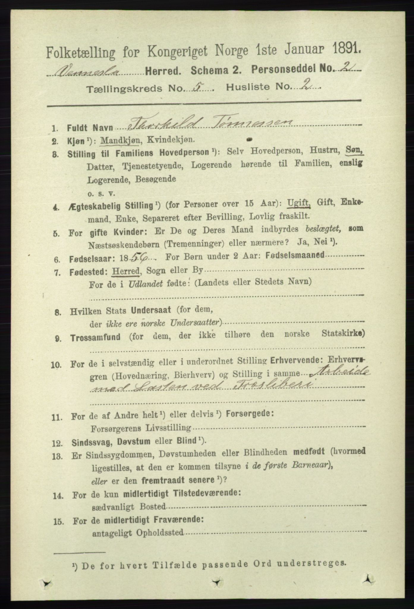 RA, 1891 census for 1014 Vennesla, 1891, p. 1220