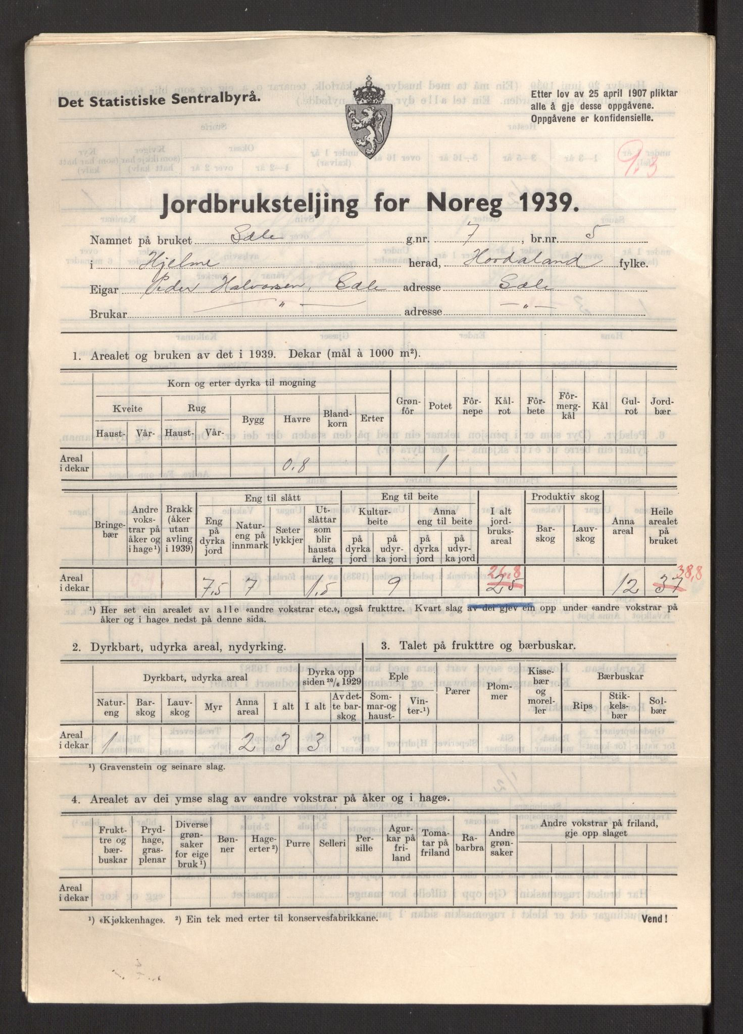 Statistisk sentralbyrå, Næringsøkonomiske emner, Jordbruk, skogbruk, jakt, fiske og fangst, AV/RA-S-2234/G/Gb/L0211: Hordaland: Herdla, Hjelme og Manger, 1939, p. 1347