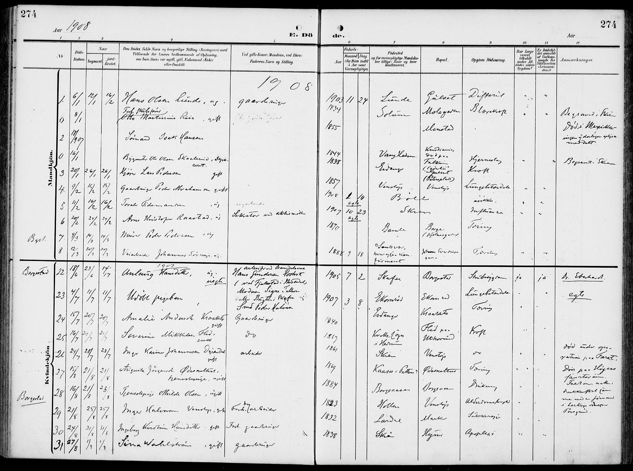 Gjerpen kirkebøker, SAKO/A-265/F/Fa/L0012: Parish register (official) no. I 12, 1905-1913, p. 274