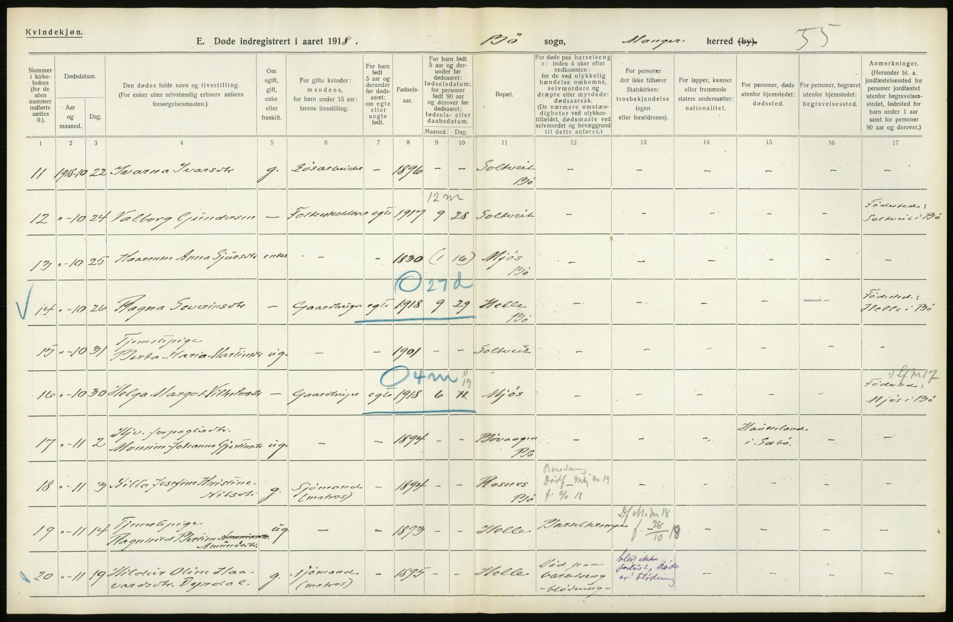 Statistisk sentralbyrå, Sosiodemografiske emner, Befolkning, AV/RA-S-2228/D/Df/Dfb/Dfbh/L0036: Hordaland fylke: Døde., 1918, p. 596
