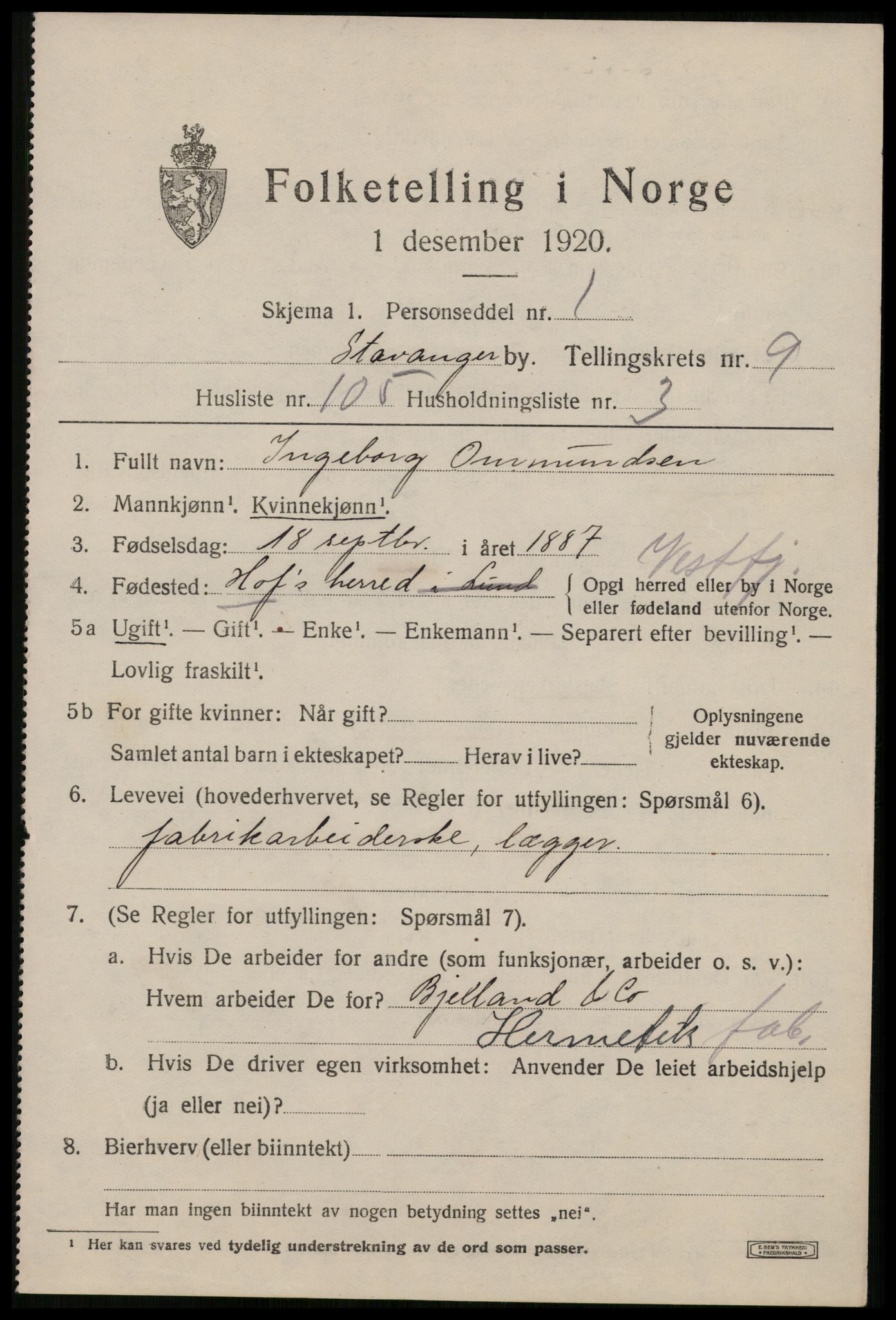 SAST, 1920 census for Stavanger, 1920, p. 51536