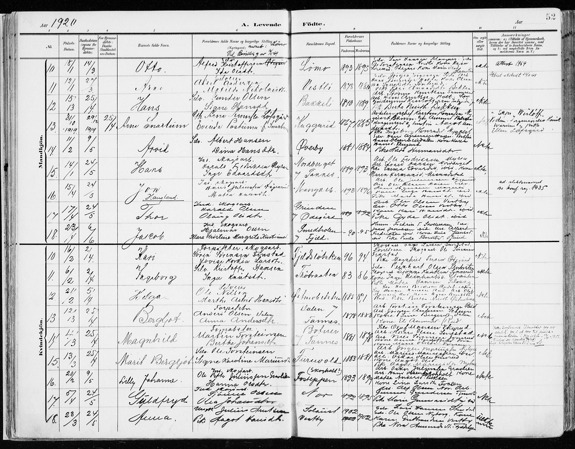 Nord-Odal prestekontor, AV/SAH-PREST-032/H/Ha/Haa/L0009: Parish register (official) no. 9, 1902-1926, p. 52