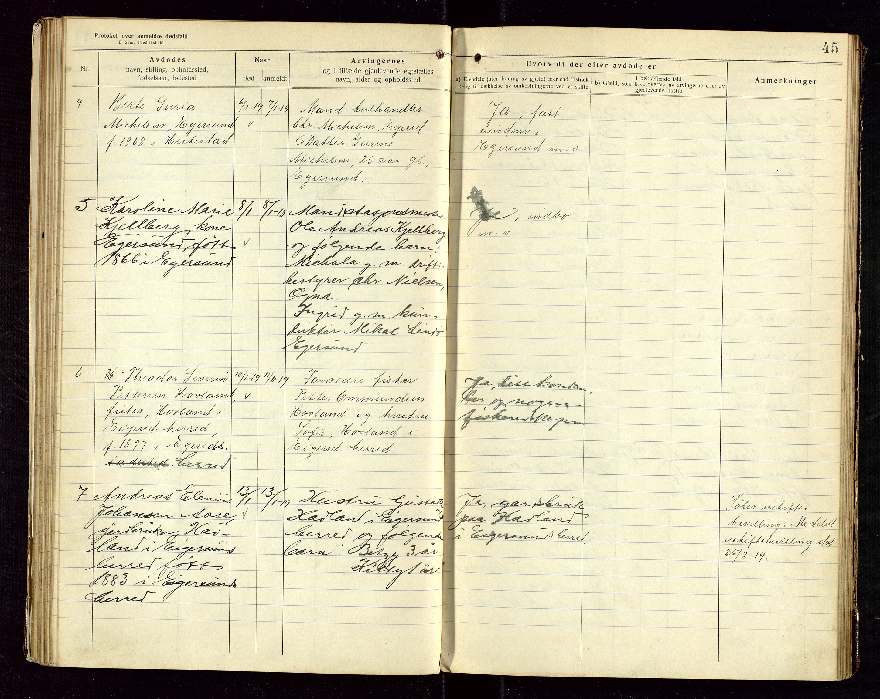 Eigersund lensmannskontor, AV/SAST-A-100171/Gga/L0007: "Protokol over anmeldte dødsfald" m/alfabetisk navneregister, 1917-1920, p. 45