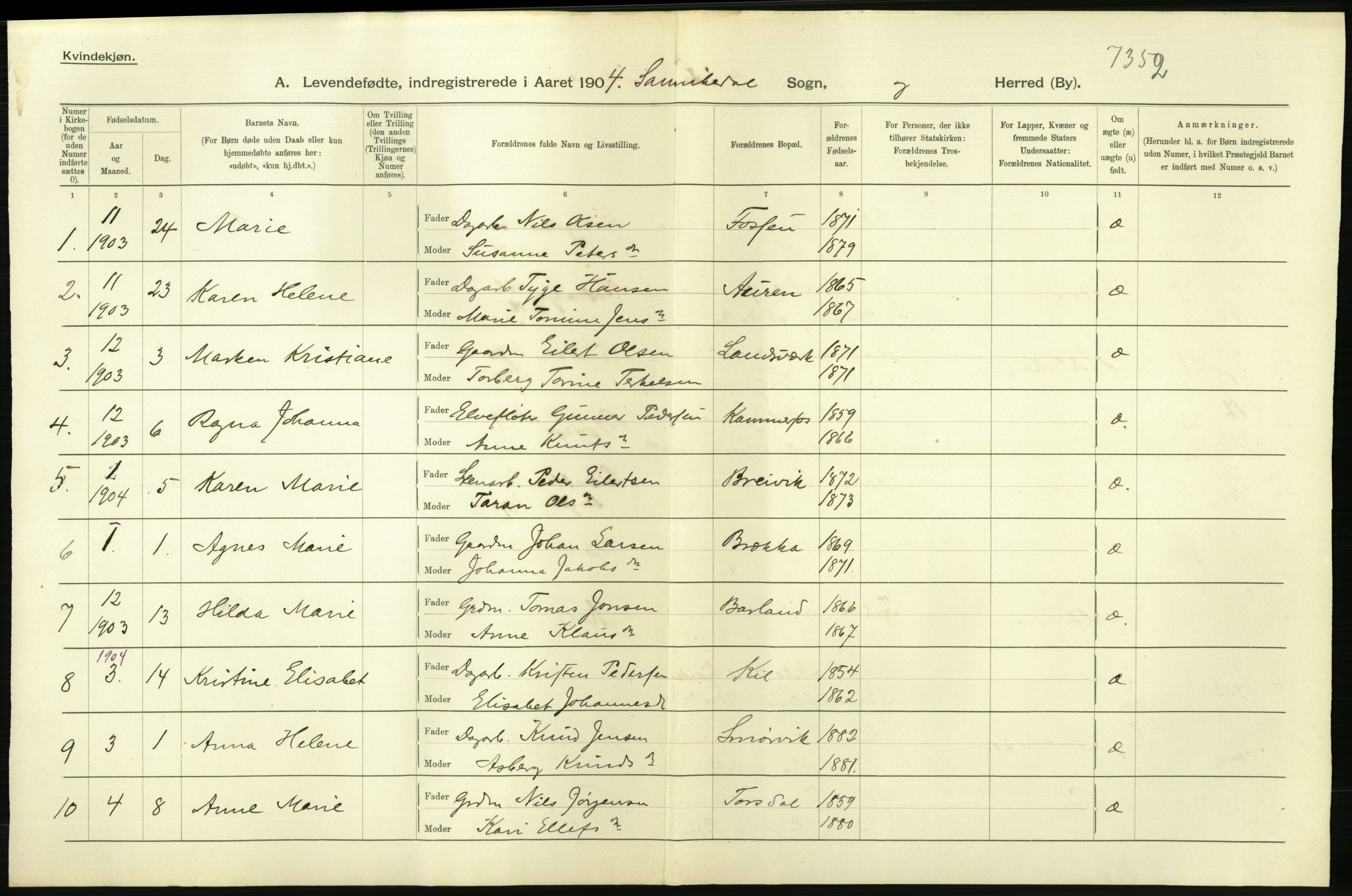 Statistisk sentralbyrå, Sosiodemografiske emner, Befolkning, AV/RA-S-2228/D/Df/Dfa/Dfab/L0009: Bratsberg amt: Fødte, gifte, døde, 1904, p. 24