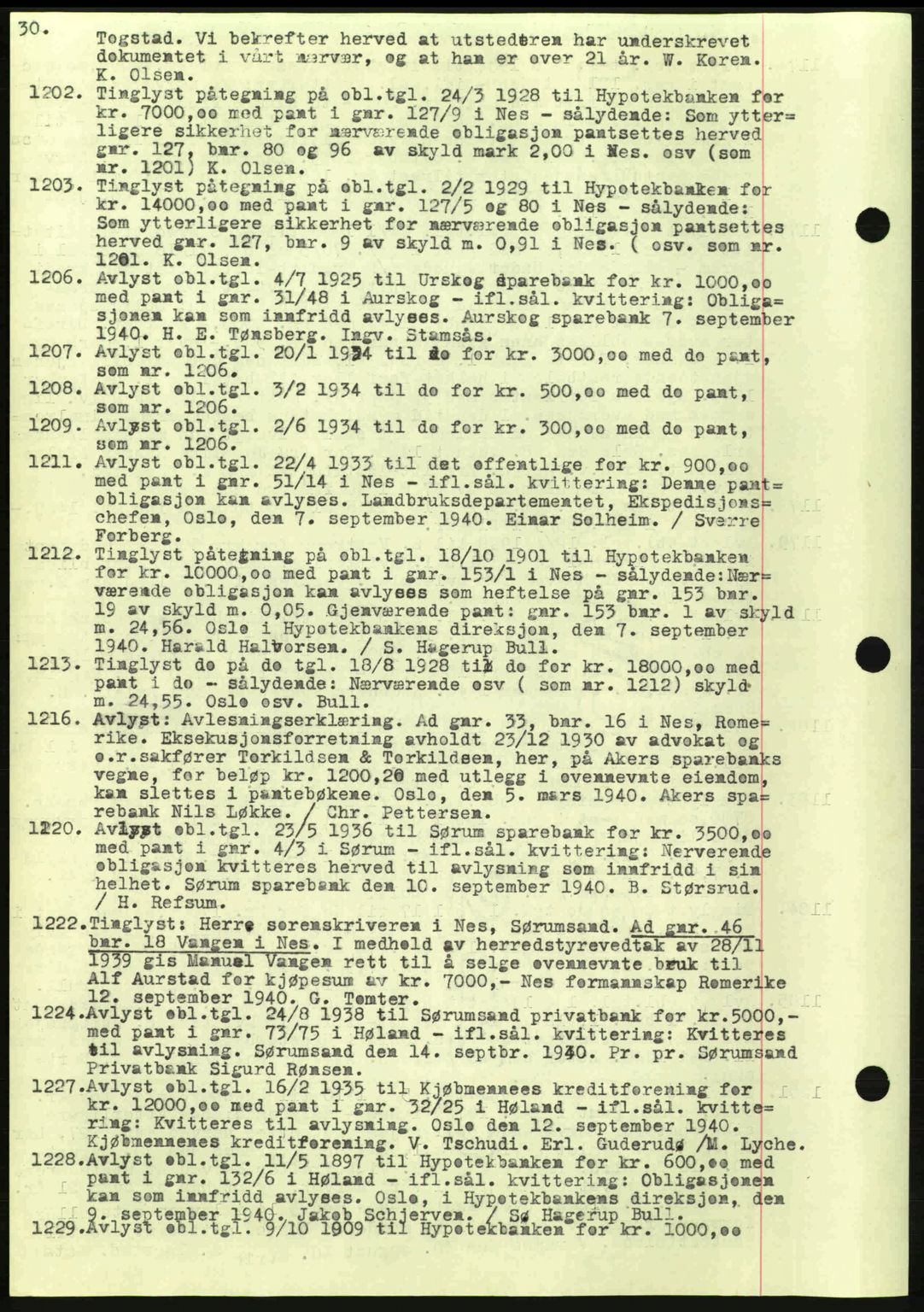 Nes tingrett, SAO/A-10548/G/Gb/Gbb/L0010: Mortgage book no. 54, 1939-1940, Diary no: : 1202/1940