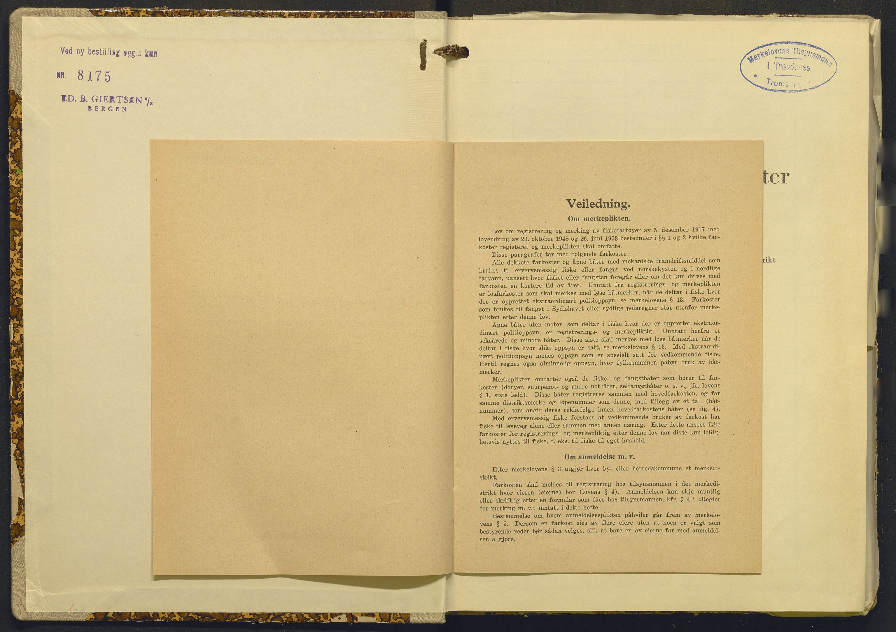 Fiskeridirektoratet - 1 Adm. ledelse - 13 Båtkontoret, AV/SAB-A-2003/I/Ia/Iab/L0085: 135.0232/4  Merkeprotokoll - Trondenes, 1960-1963