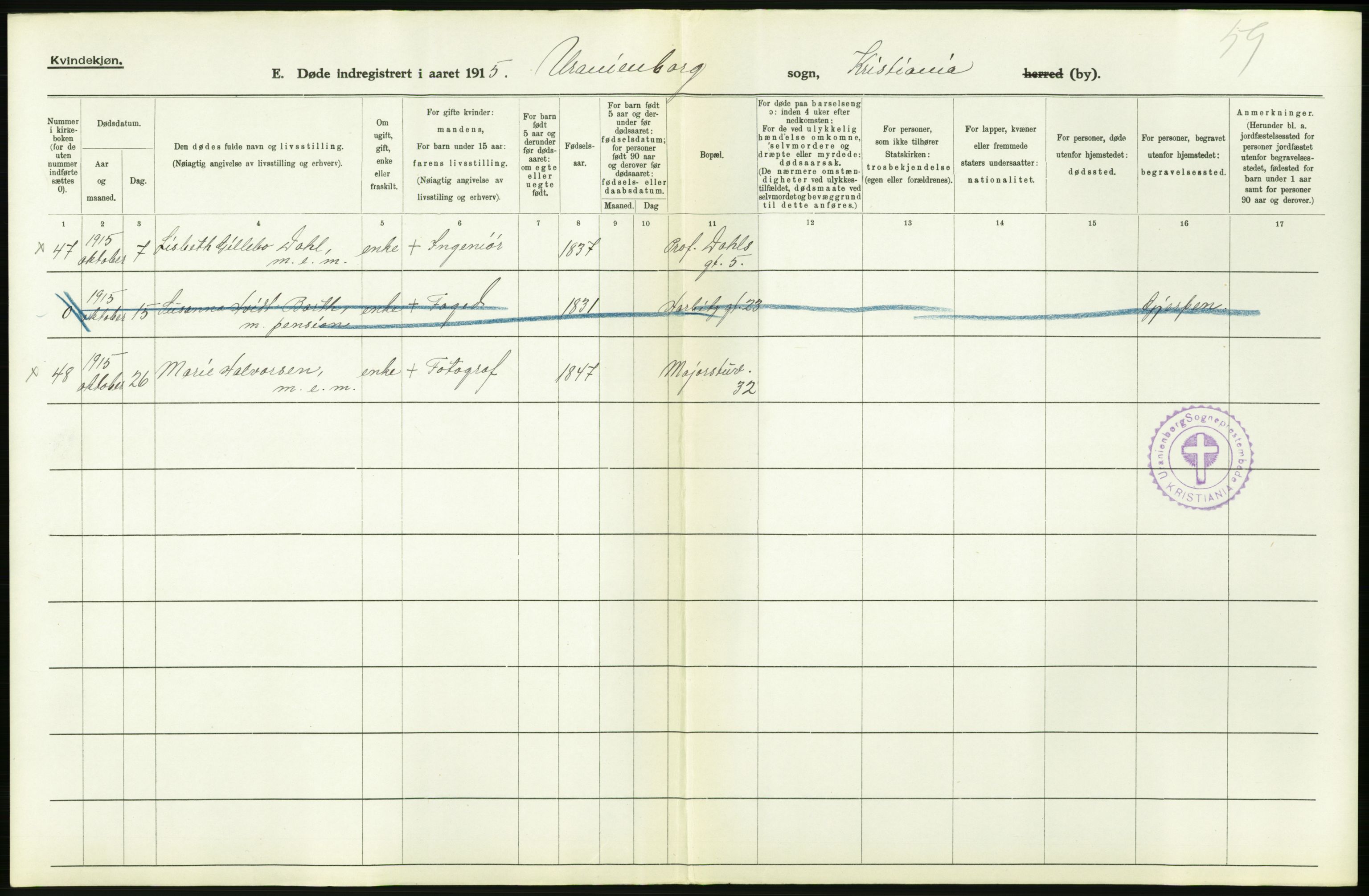 Statistisk sentralbyrå, Sosiodemografiske emner, Befolkning, AV/RA-S-2228/D/Df/Dfb/Dfbe/L0009: Kristiania: Døde., 1915, p. 496