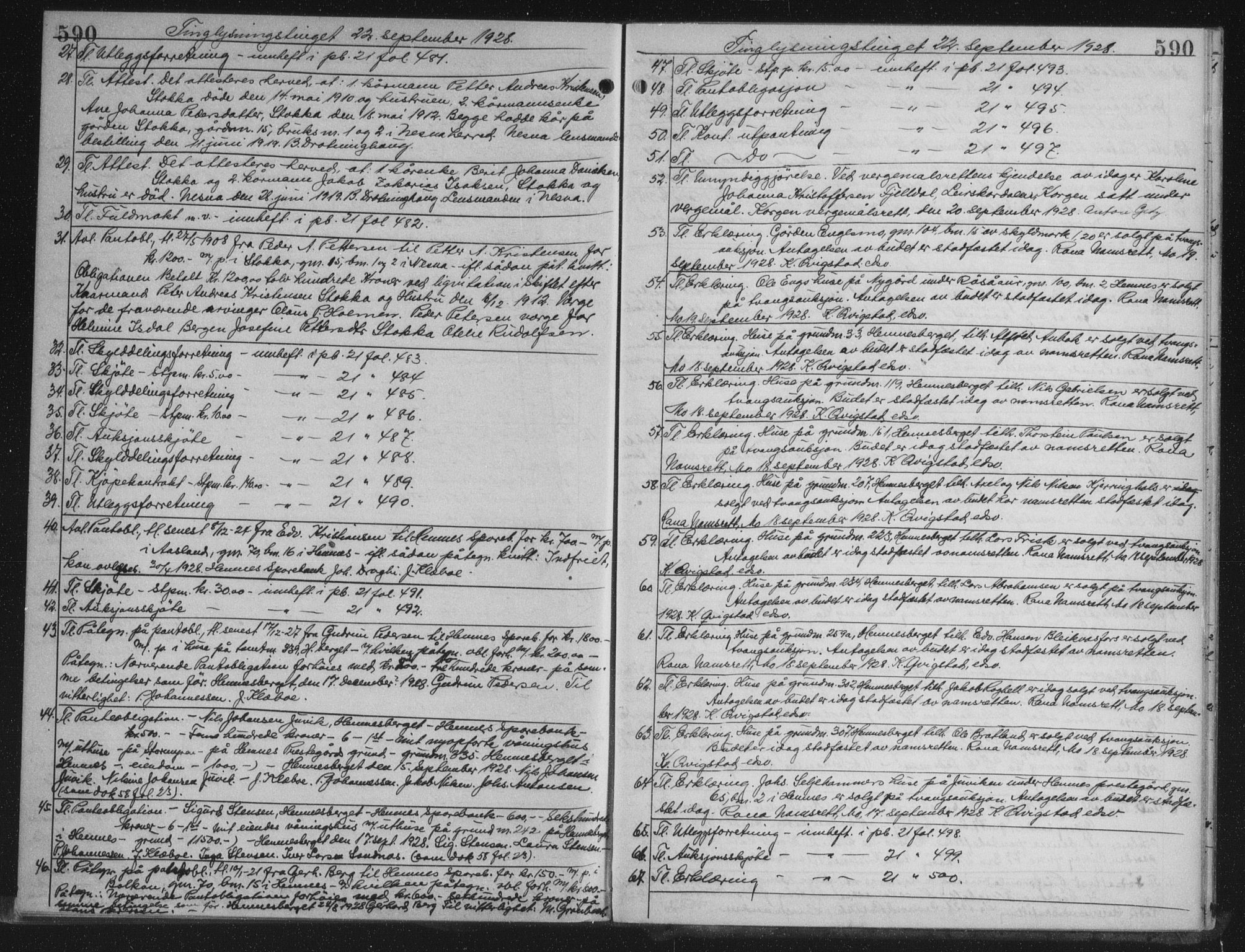 Rana sorenskriveri , AV/SAT-A-1108/1/2/2C/L0018: Mortgage book no. 18, 1923-1928, p. 590, Deed date: 22.09.1928