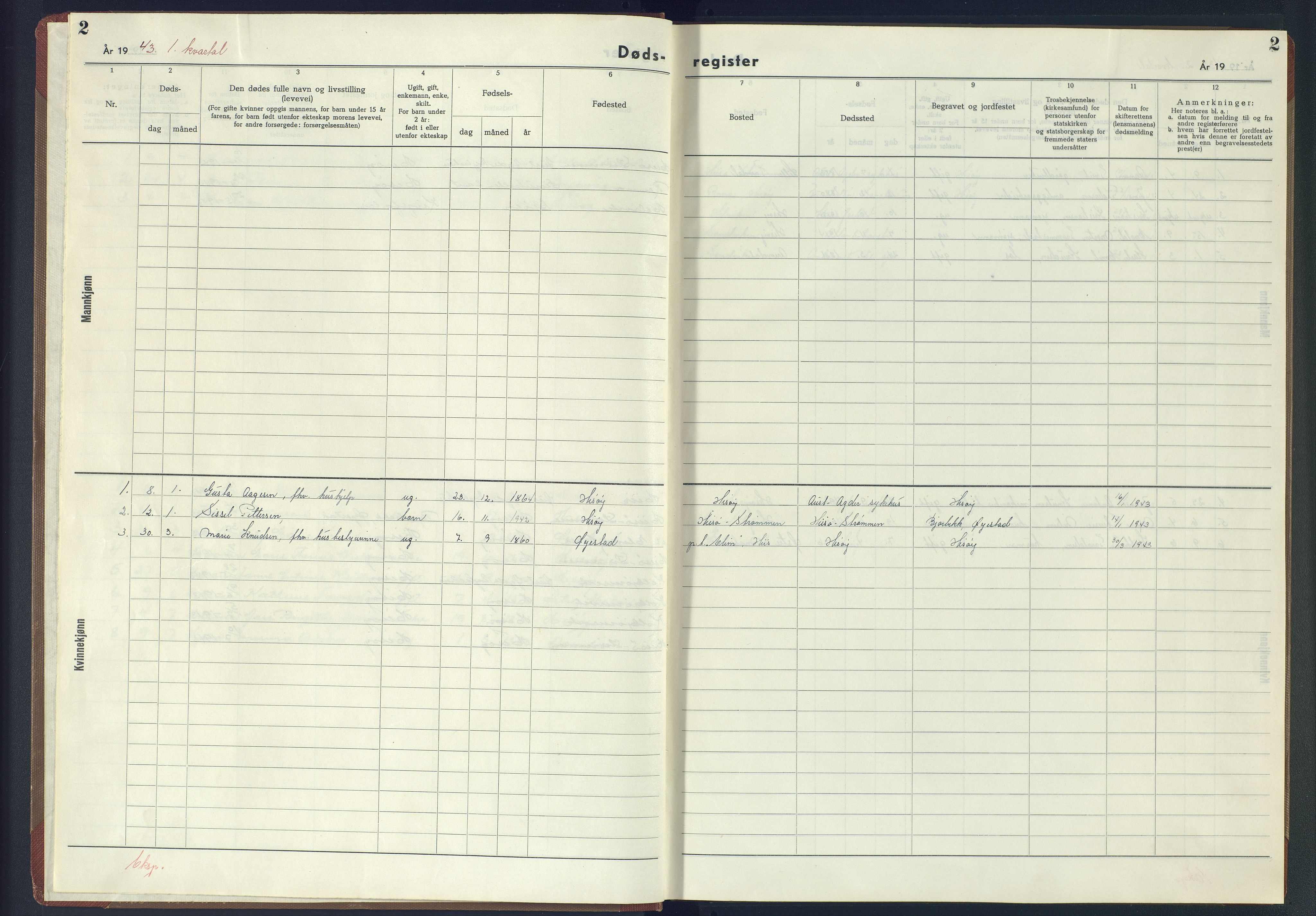 Hisøy sokneprestkontor, AV/SAK-1111-0020/J/Jb/L0003: A-VI-6 - Dødsfallsregister, 1942-1945, p. 2
