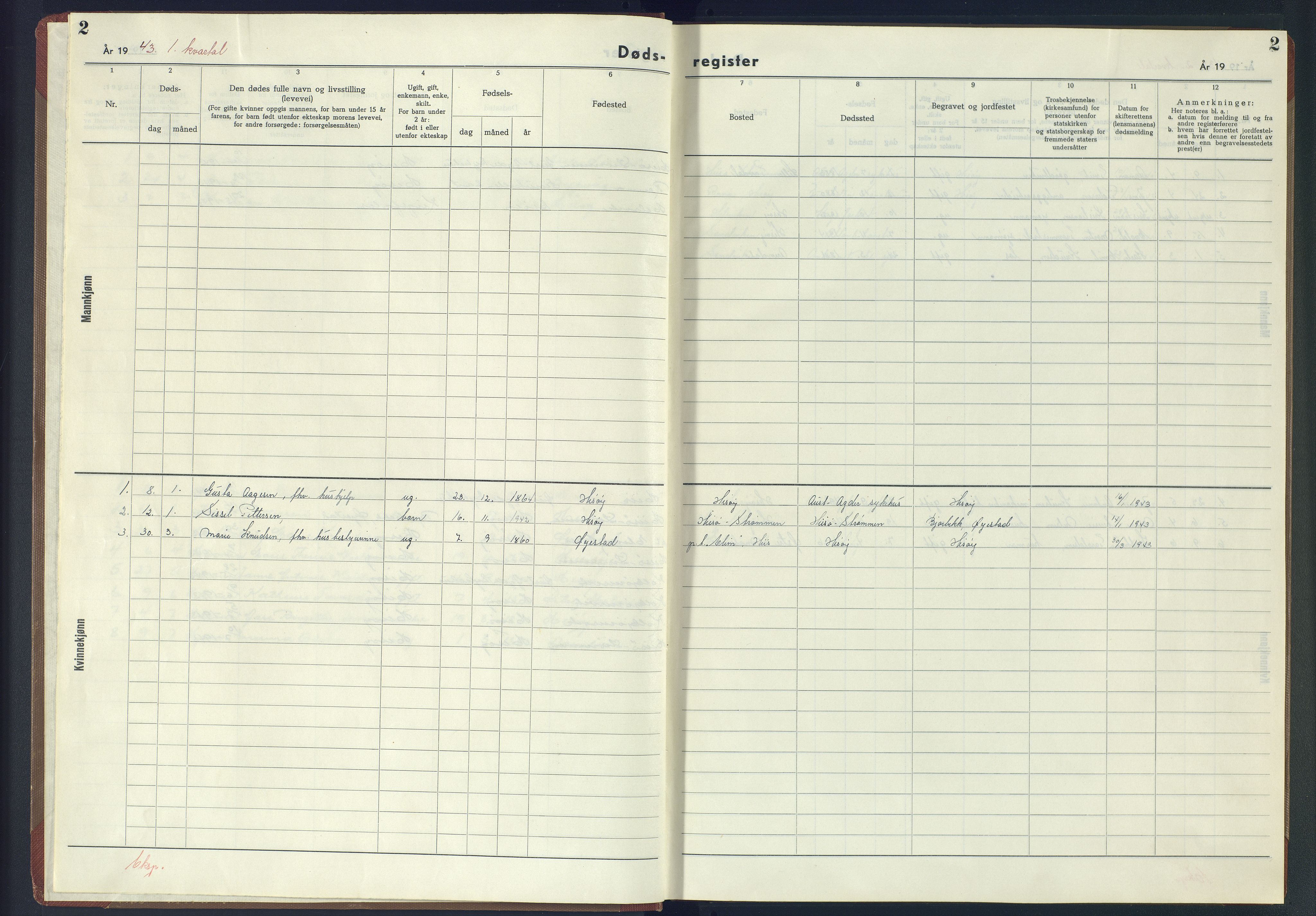 Hisøy sokneprestkontor, SAK/1111-0020/J/Jb/L0003: A-VI-6 - Dødsfallsregister, 1942-1945, p. 2