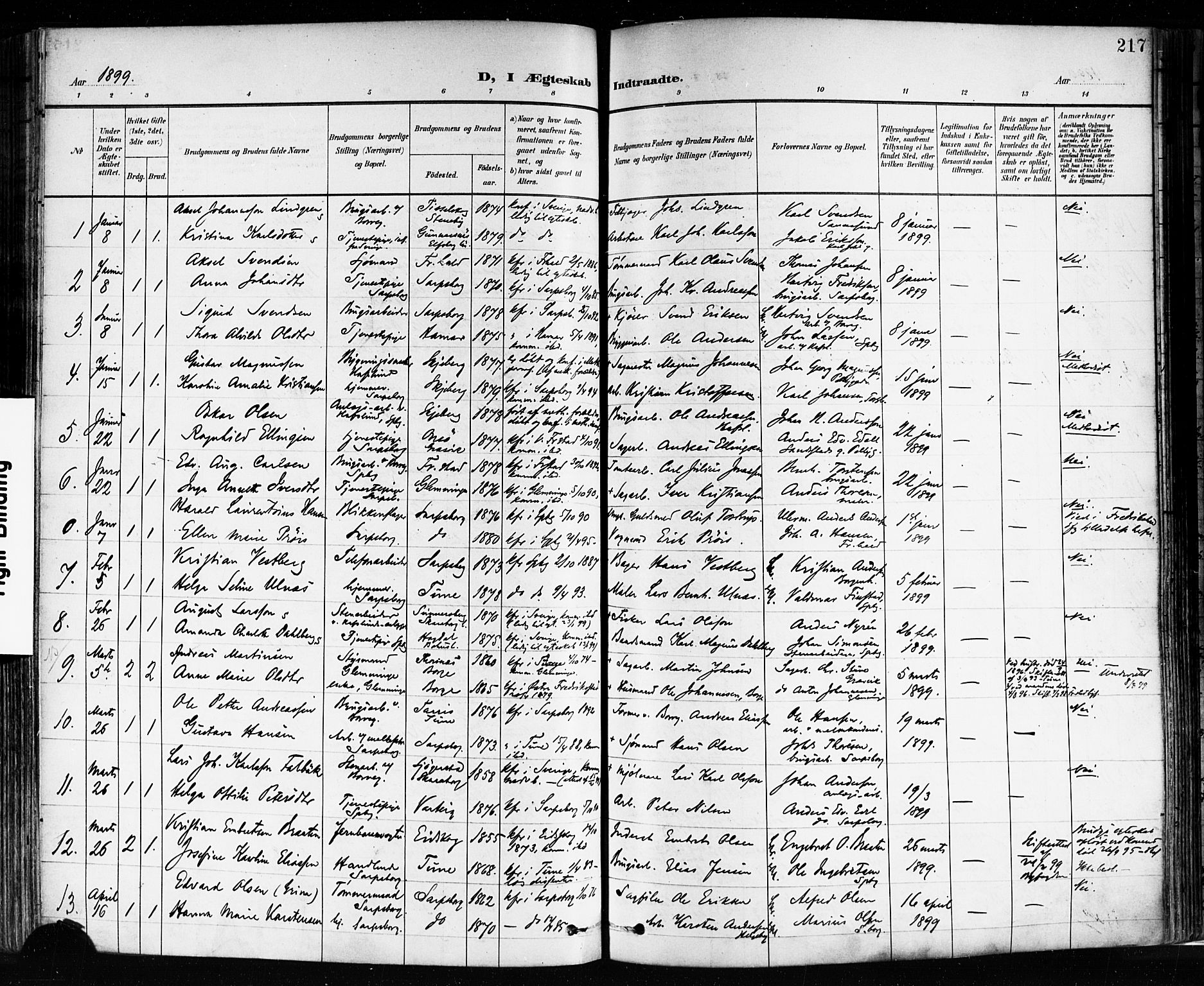 Sarpsborg prestekontor Kirkebøker, SAO/A-2006/F/Fa/L0004: Parish register (official) no. 4, 1892-1899, p. 217