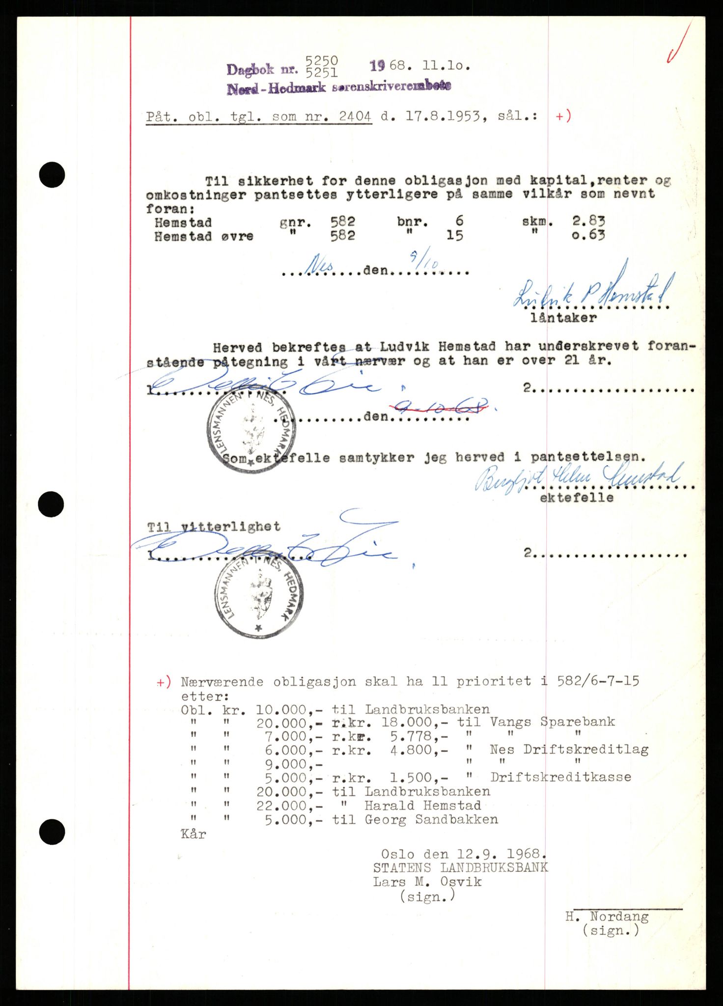 Nord-Hedmark sorenskriveri, SAH/TING-012/H/Hb/Hbf/L0077: Mortgage book no. B77, 1968-1969, Diary no: : 5250/1968