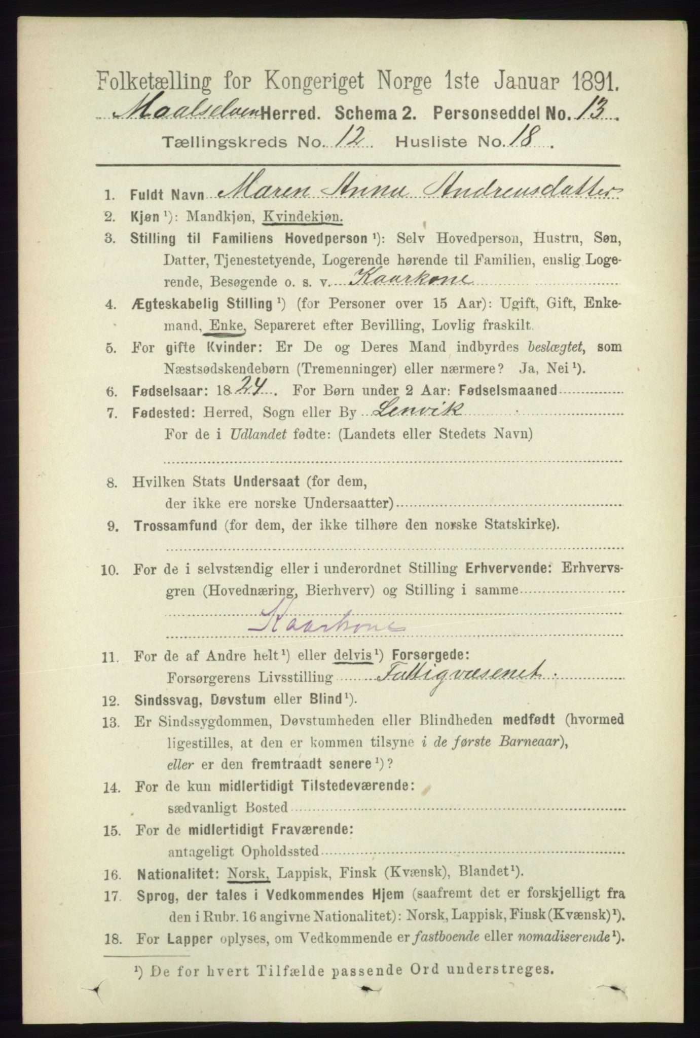 RA, 1891 census for 1924 Målselv, 1891, p. 3922