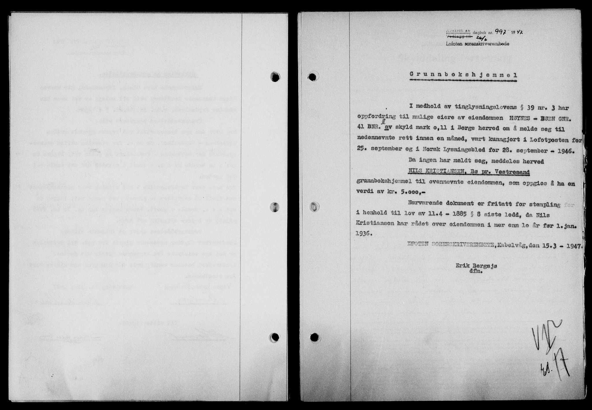 Lofoten sorenskriveri, SAT/A-0017/1/2/2C/L0016a: Mortgage book no. 16a, 1947-1947, Diary no: : 997/1947