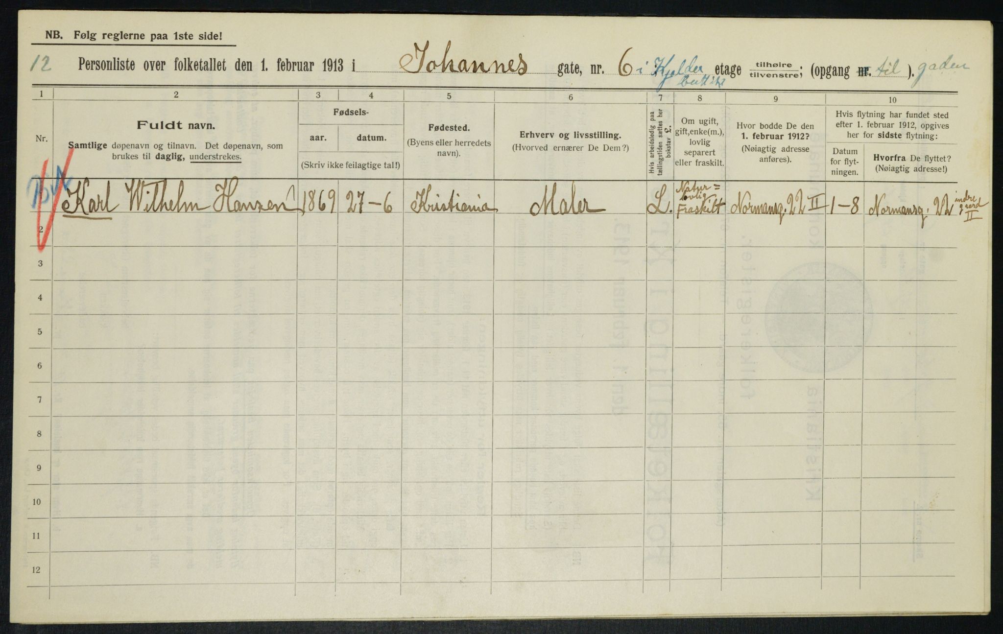 OBA, Municipal Census 1913 for Kristiania, 1913, p. 46918