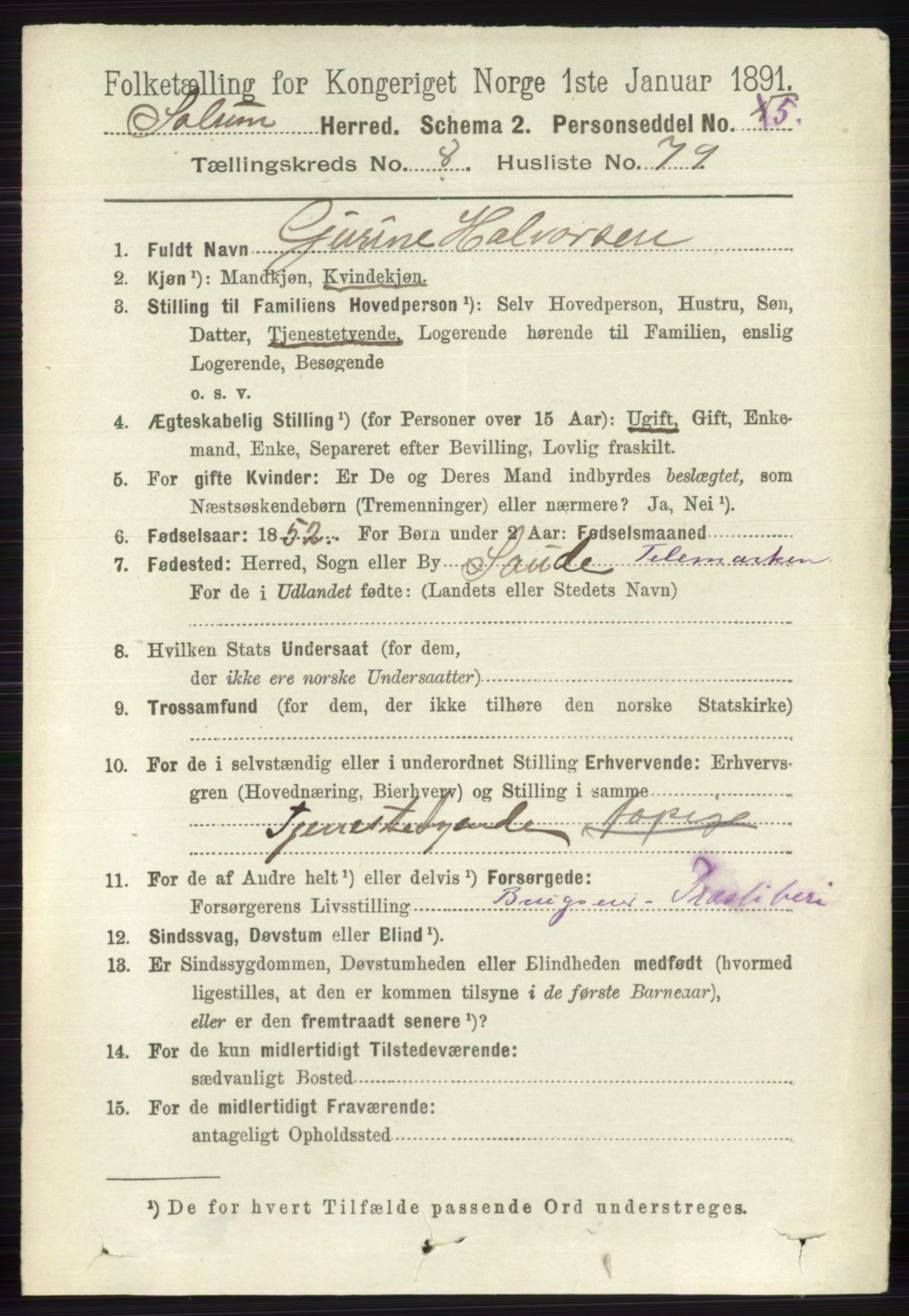 RA, 1891 census for 0818 Solum, 1891, p. 4588