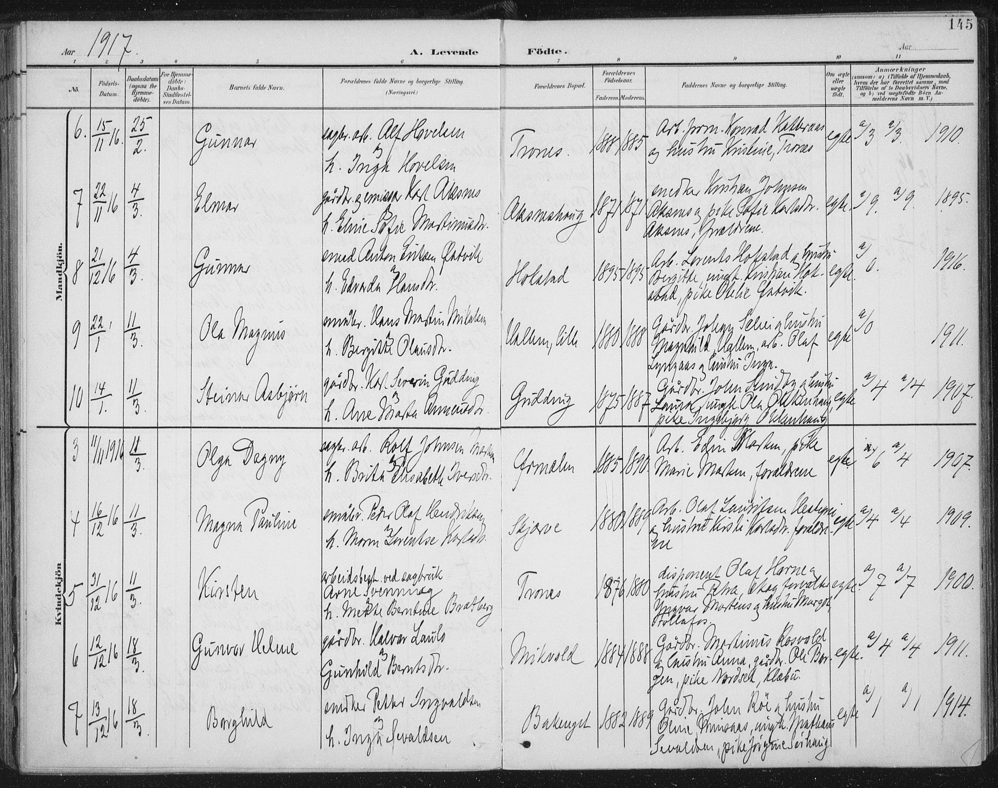 Ministerialprotokoller, klokkerbøker og fødselsregistre - Nord-Trøndelag, SAT/A-1458/723/L0246: Parish register (official) no. 723A15, 1900-1917, p. 145