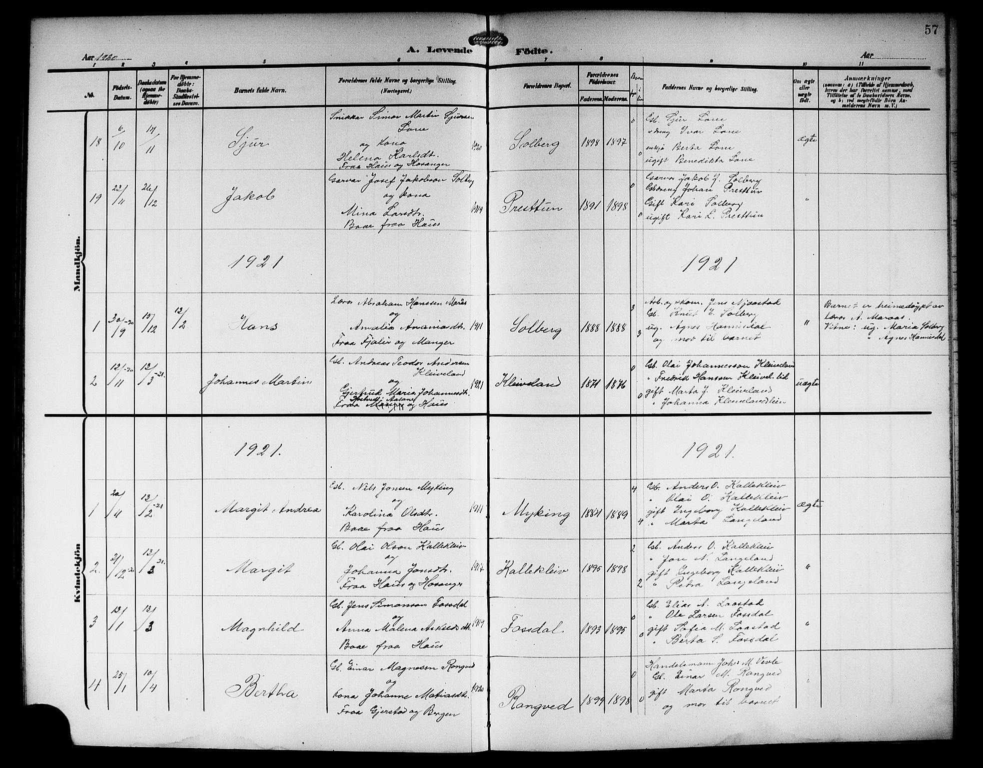 Haus sokneprestembete, SAB/A-75601/H/Hab: Parish register (copy) no. C 4, 1907-1922, p. 57