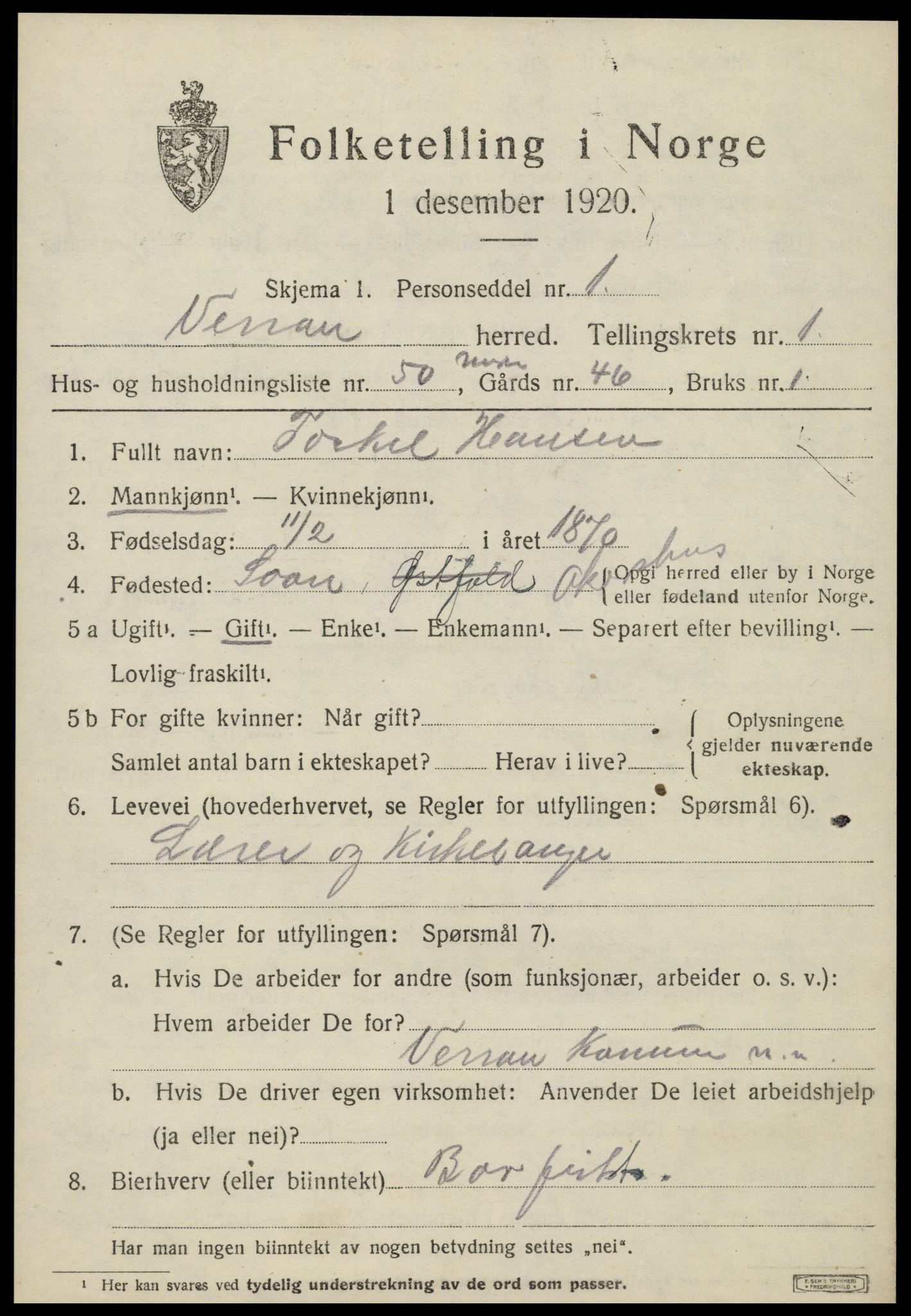 SAT, 1920 census for Verran, 1920, p. 1058