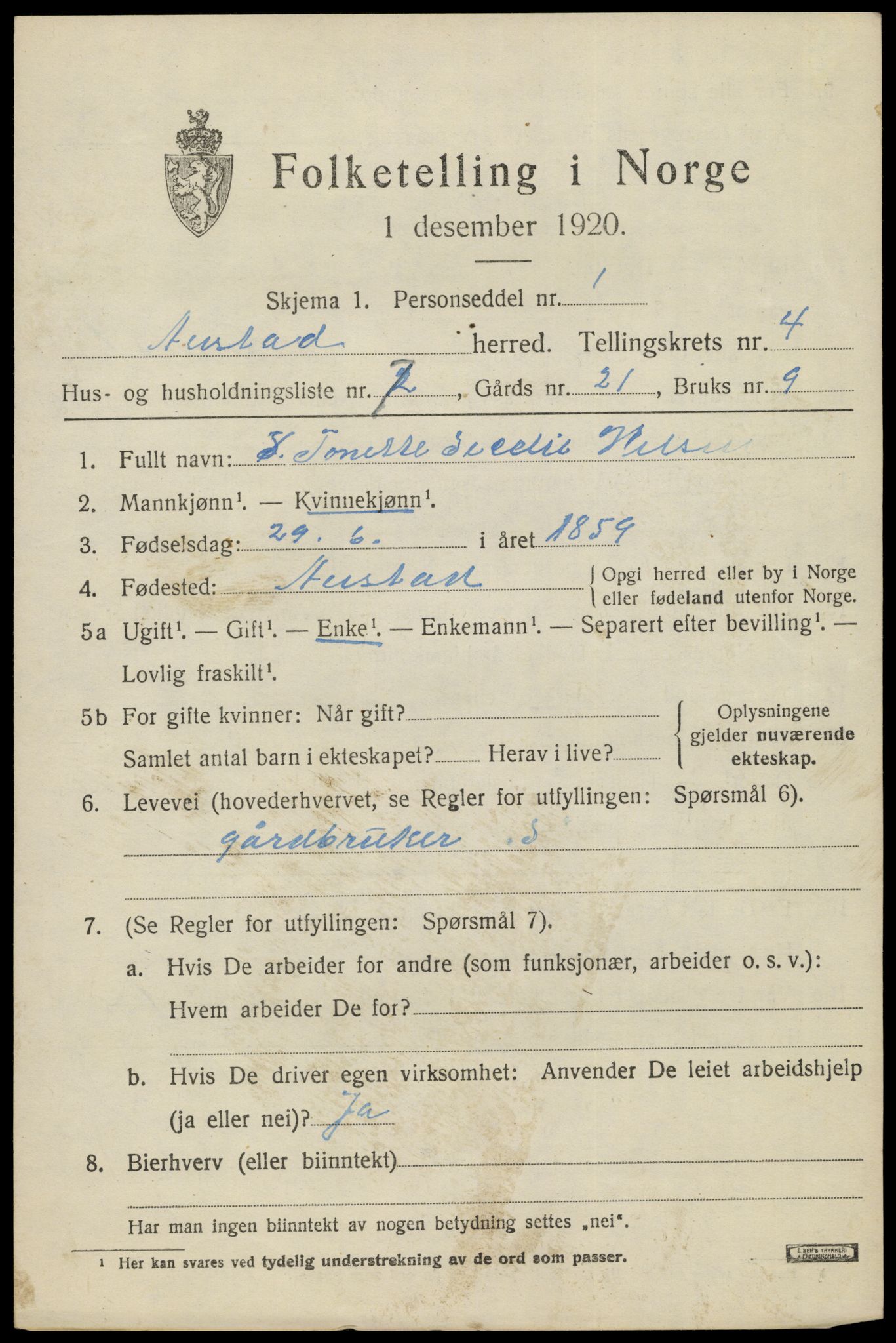 SAK, 1920 census for Austad, 1920, p. 1453