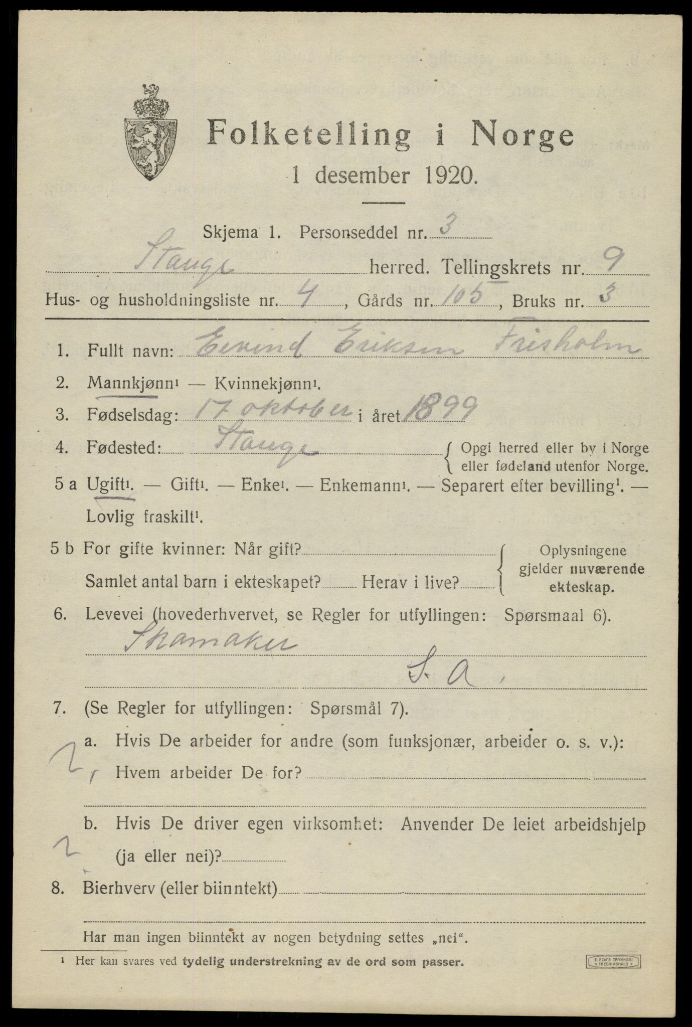 SAH, 1920 census for Stange, 1920, p. 14619