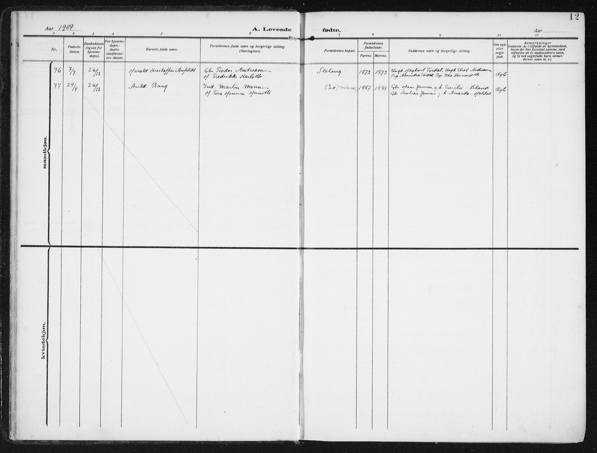 Ministerialprotokoller, klokkerbøker og fødselsregistre - Nordland, SAT/A-1459/880/L1135: Parish register (official) no. 880A09, 1908-1919, p. 12