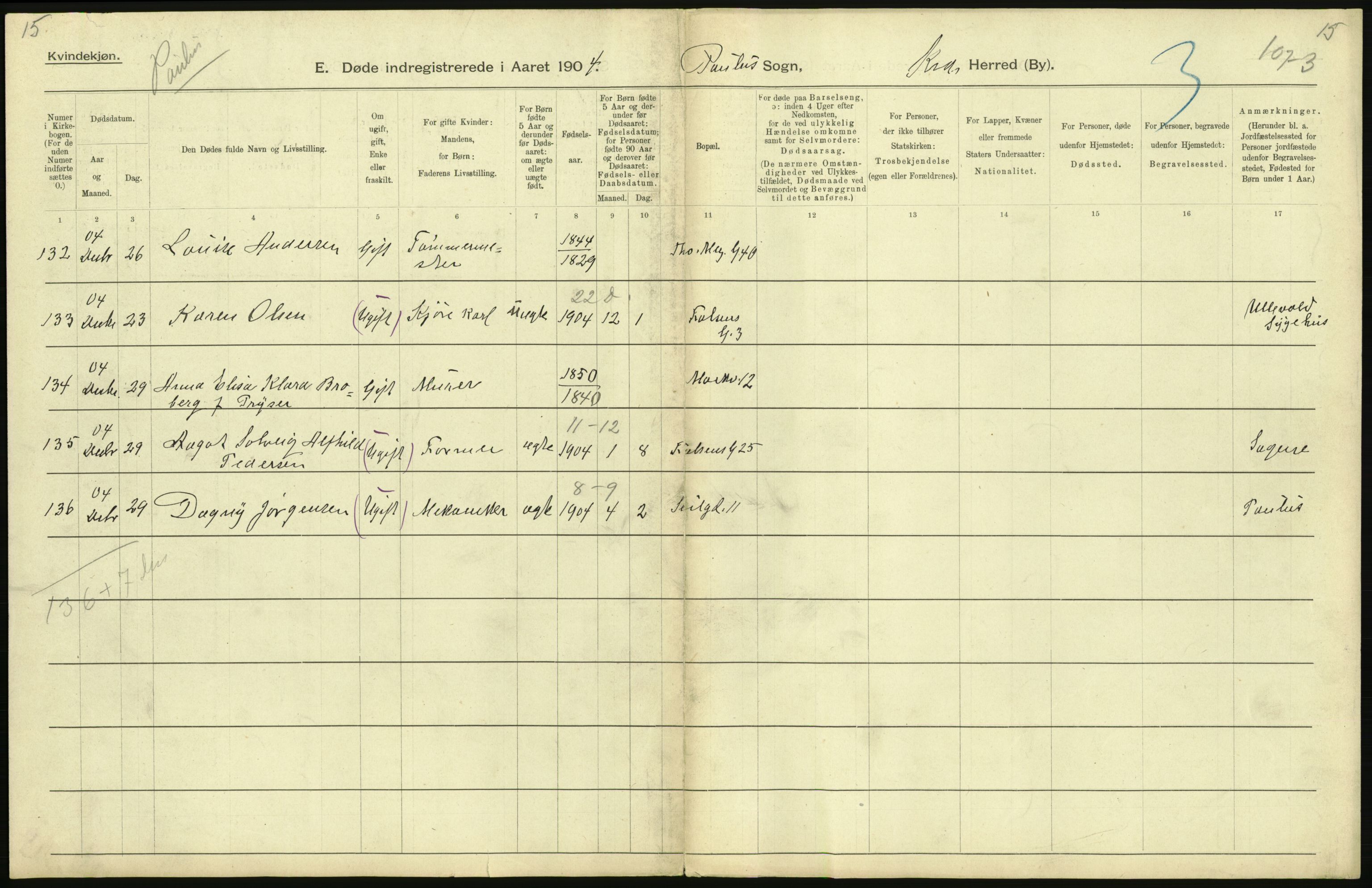 Statistisk sentralbyrå, Sosiodemografiske emner, Befolkning, RA/S-2228/D/Df/Dfa/Dfab/L0004: Kristiania: Gifte, døde, 1904, p. 325