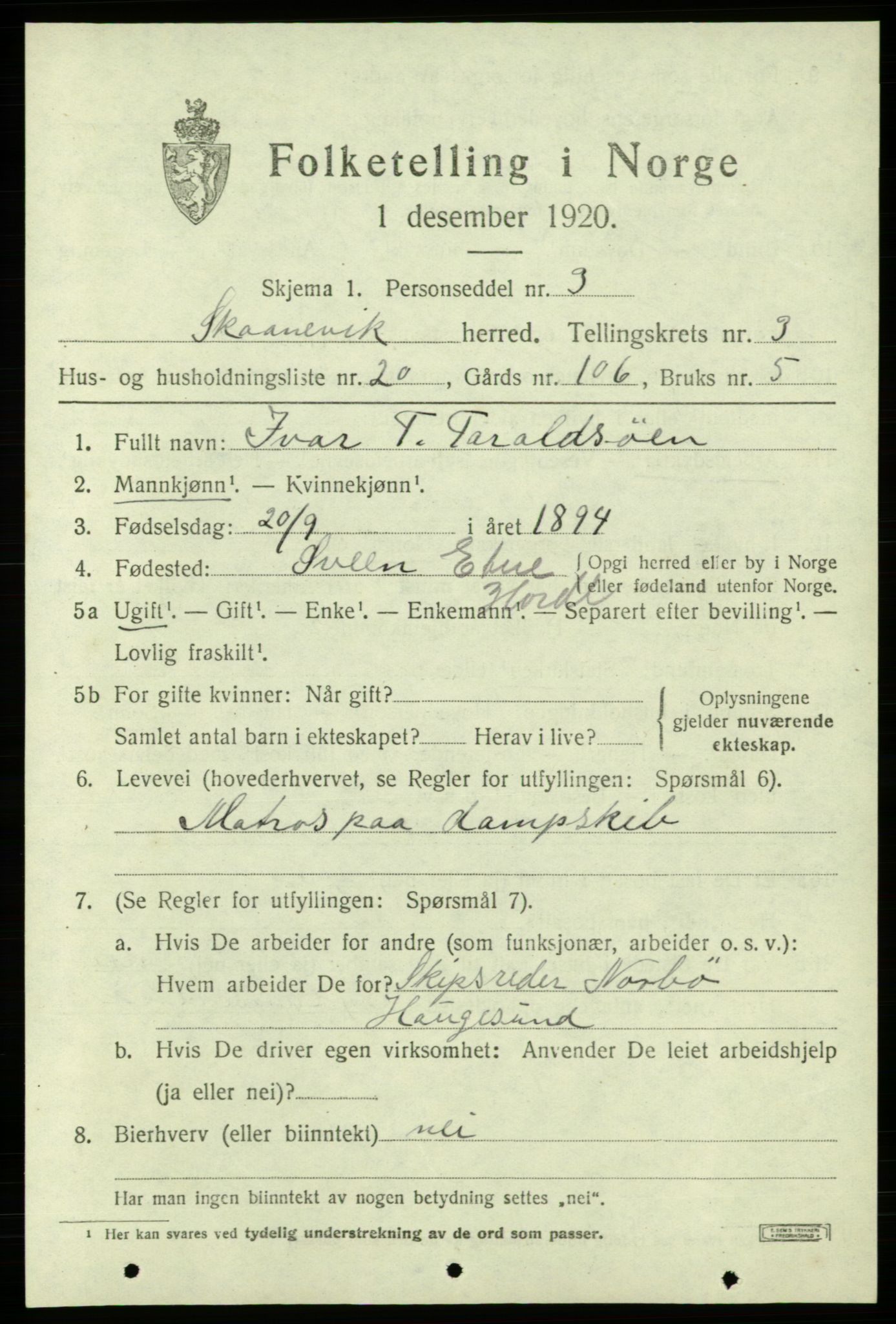 SAB, 1920 census for Skånevik, 1920, p. 2991